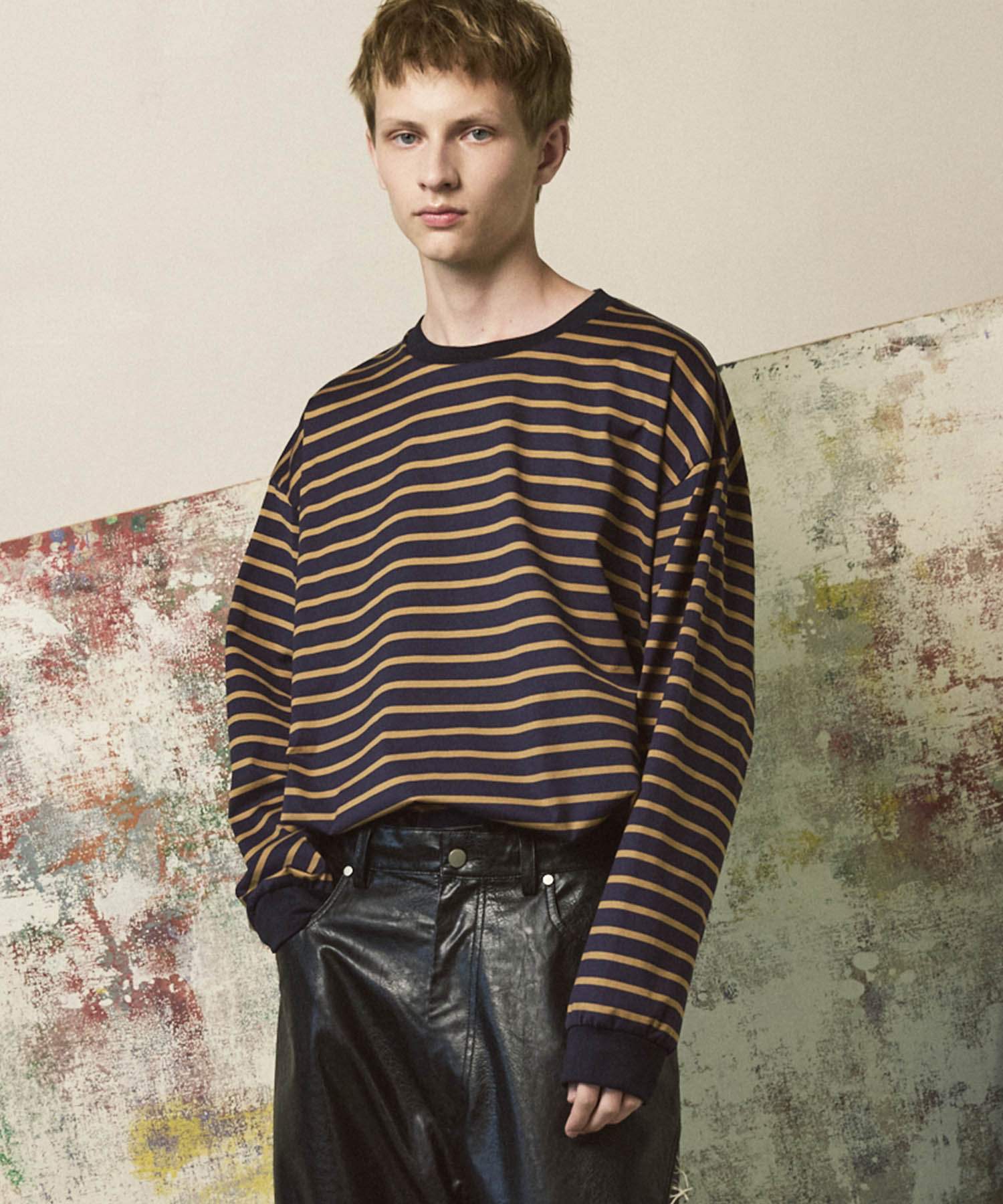ULTIMA Cotton Border Prime-Over Crew Neck Long Sleeve T-Shirt