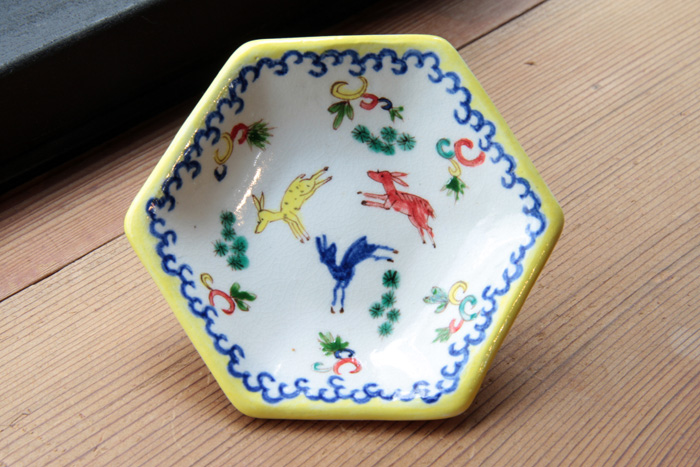 升たか 色絵百鹿紋 ポット小 ペルシャ柄小皿付 陶器 升 たか 色絵 百鹿