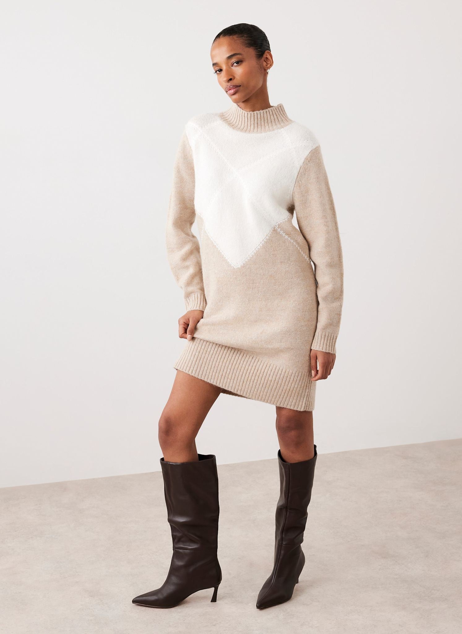Neutral Argyle Knit Mini Dress – Mint Velvet