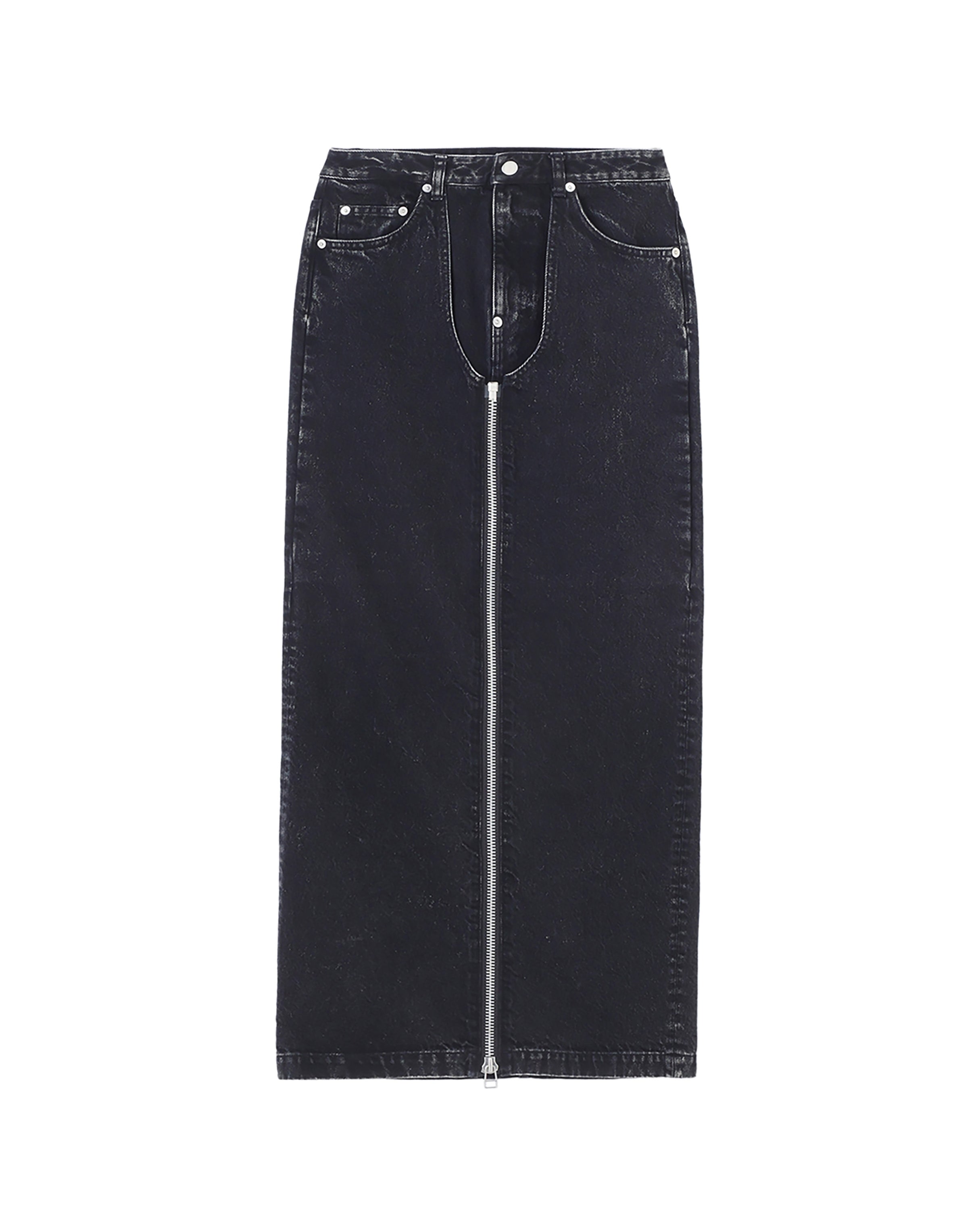WASHED DENIM ZIP LONG SKIRT