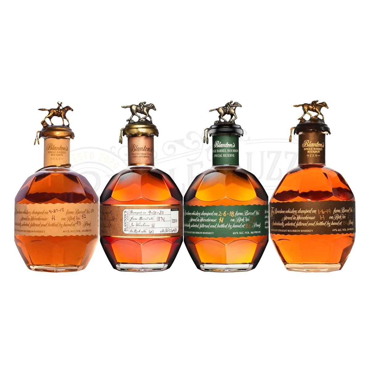 Blanton's Red Label, Straight From The Barrel, Green Label, and