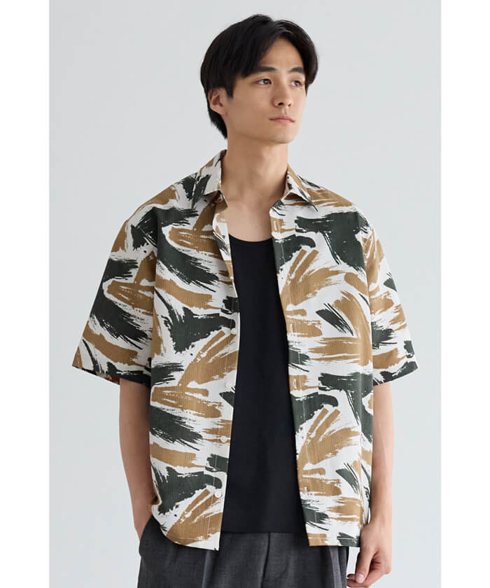 セール☆2690円→2490円 柄サッカー半袖シャツ メンズ メール便不可