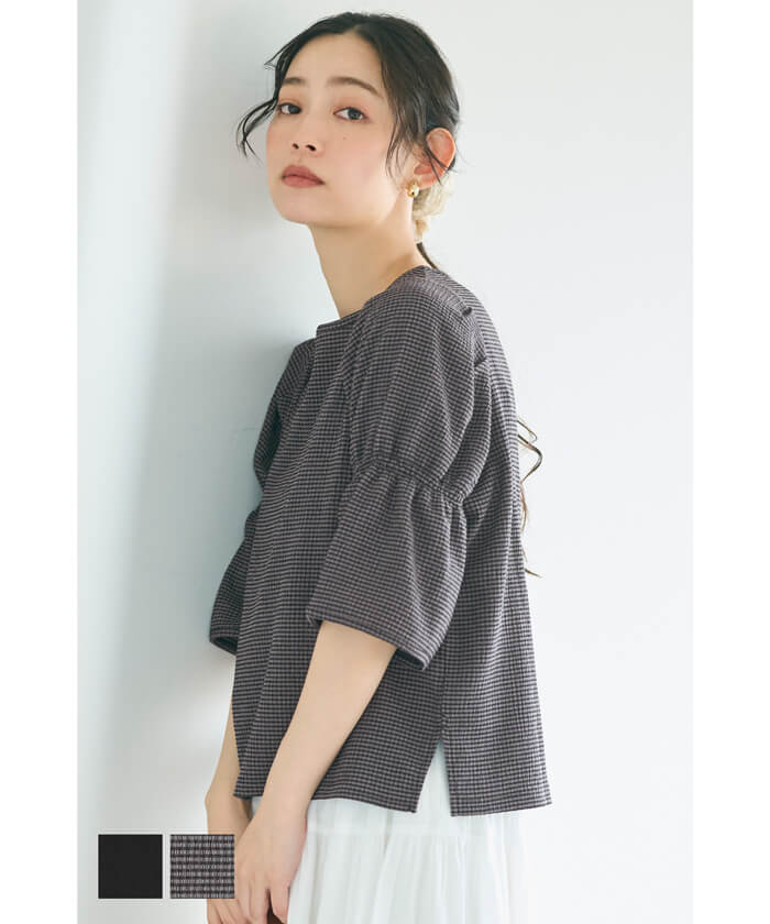 WEB限定セール ☆1490円→990円シャーリング5分袖ブラウス レディース