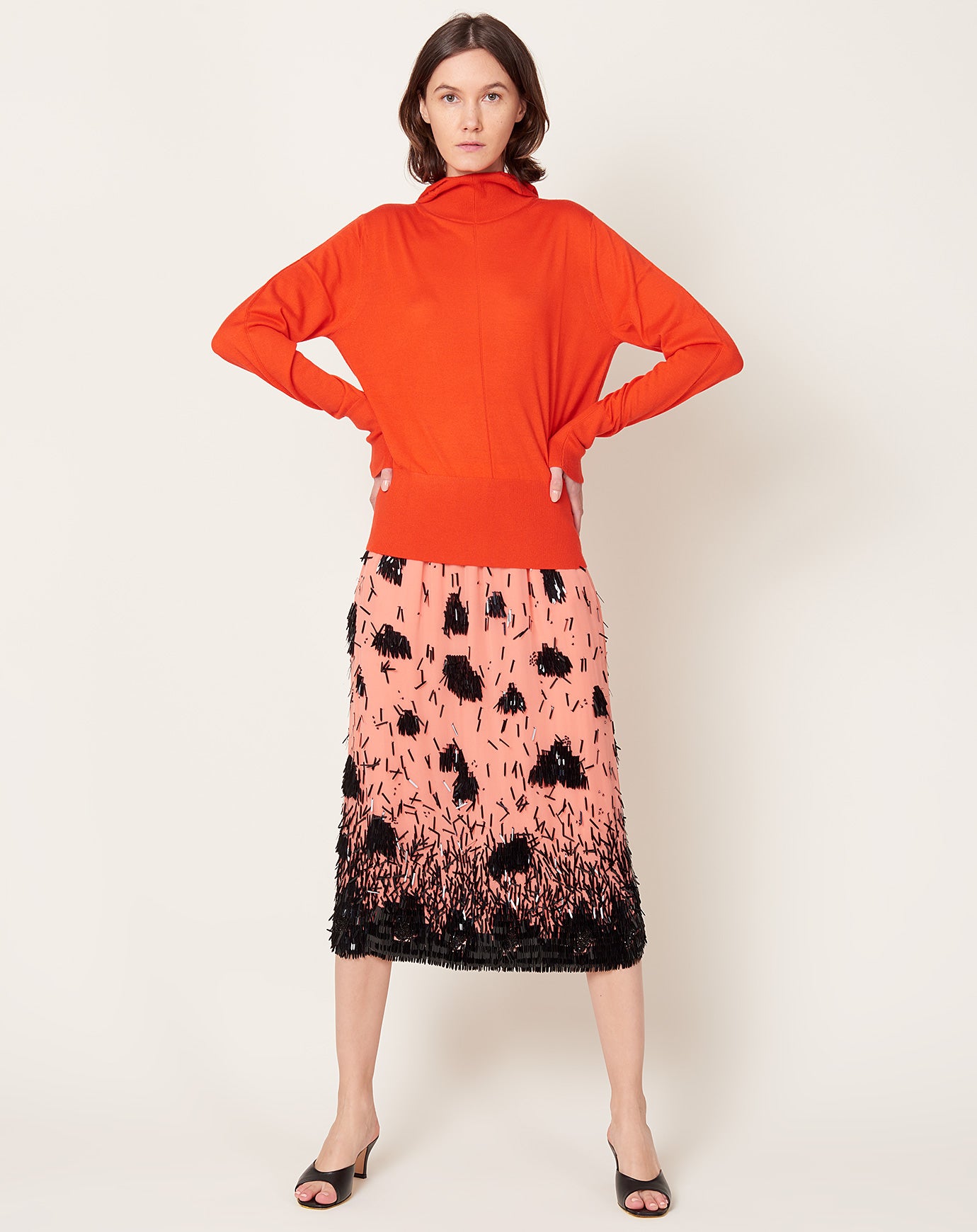 Vela Skirt in Coral & Black Hibiscus Sequins | Rachel Comey