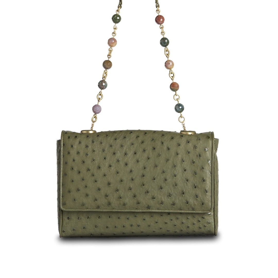 Chain & Jewel Shoulder Bag - Olive Ostrich, Jasper | Darby Scott