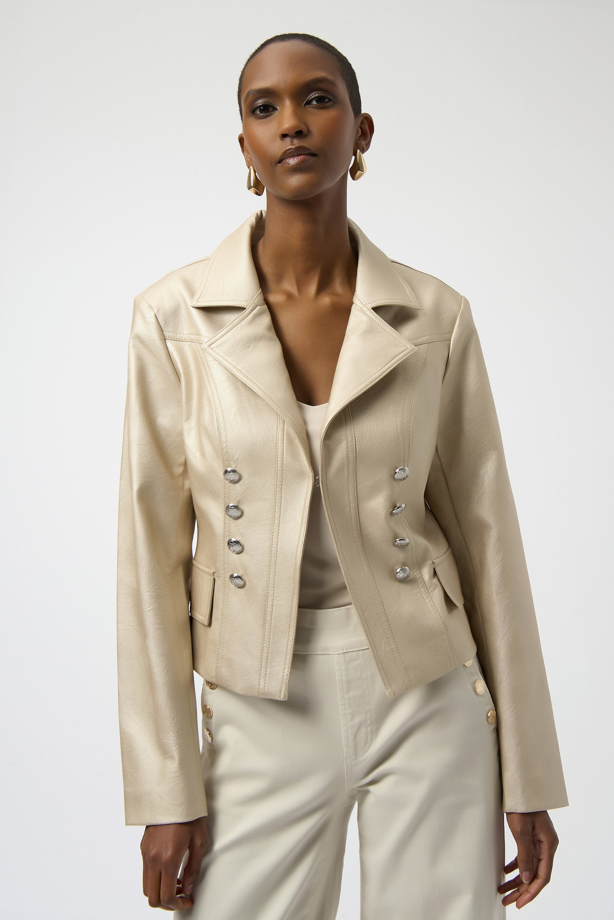 Joseph Ribkoff Gold Leatherette Notched Collar Fitted Jacket Style