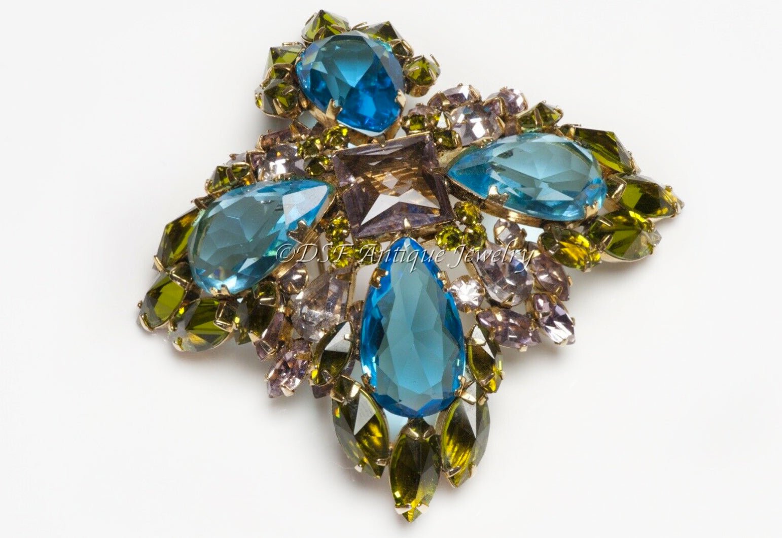 SCHREINER New York 1950's Blue Green Pink Crystal Flower Brooch