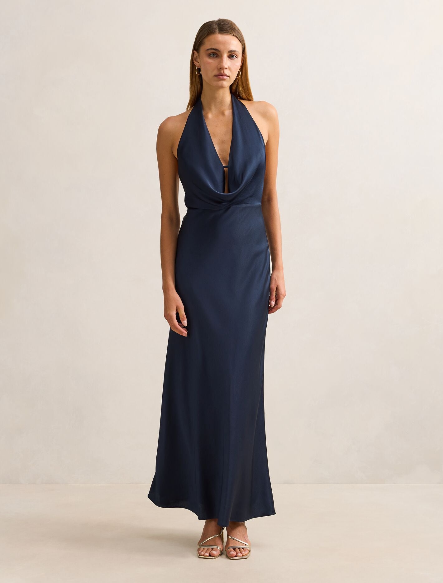 Becca Cowl Halter Satin Dress Navy | Forever New