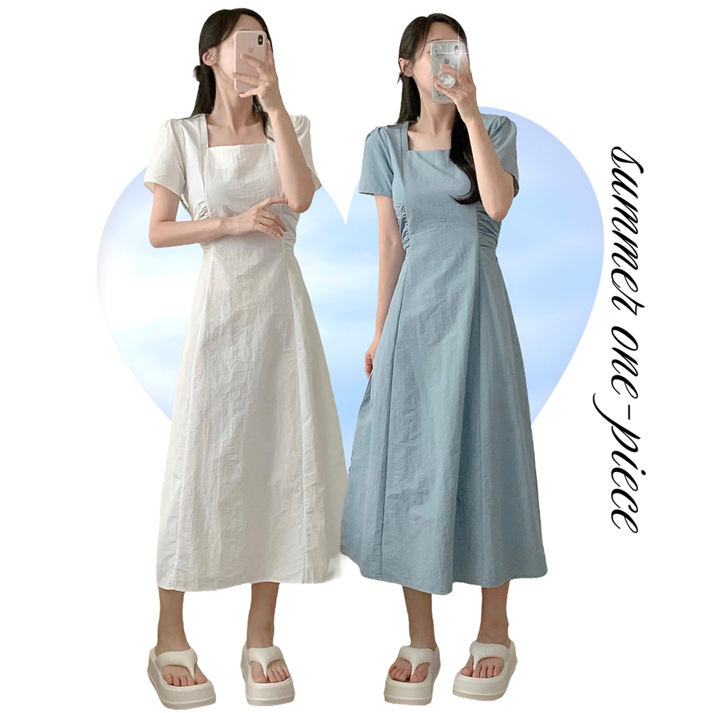 スクエアネック夏半袖ロングワンピース(3color) | ファッション通販