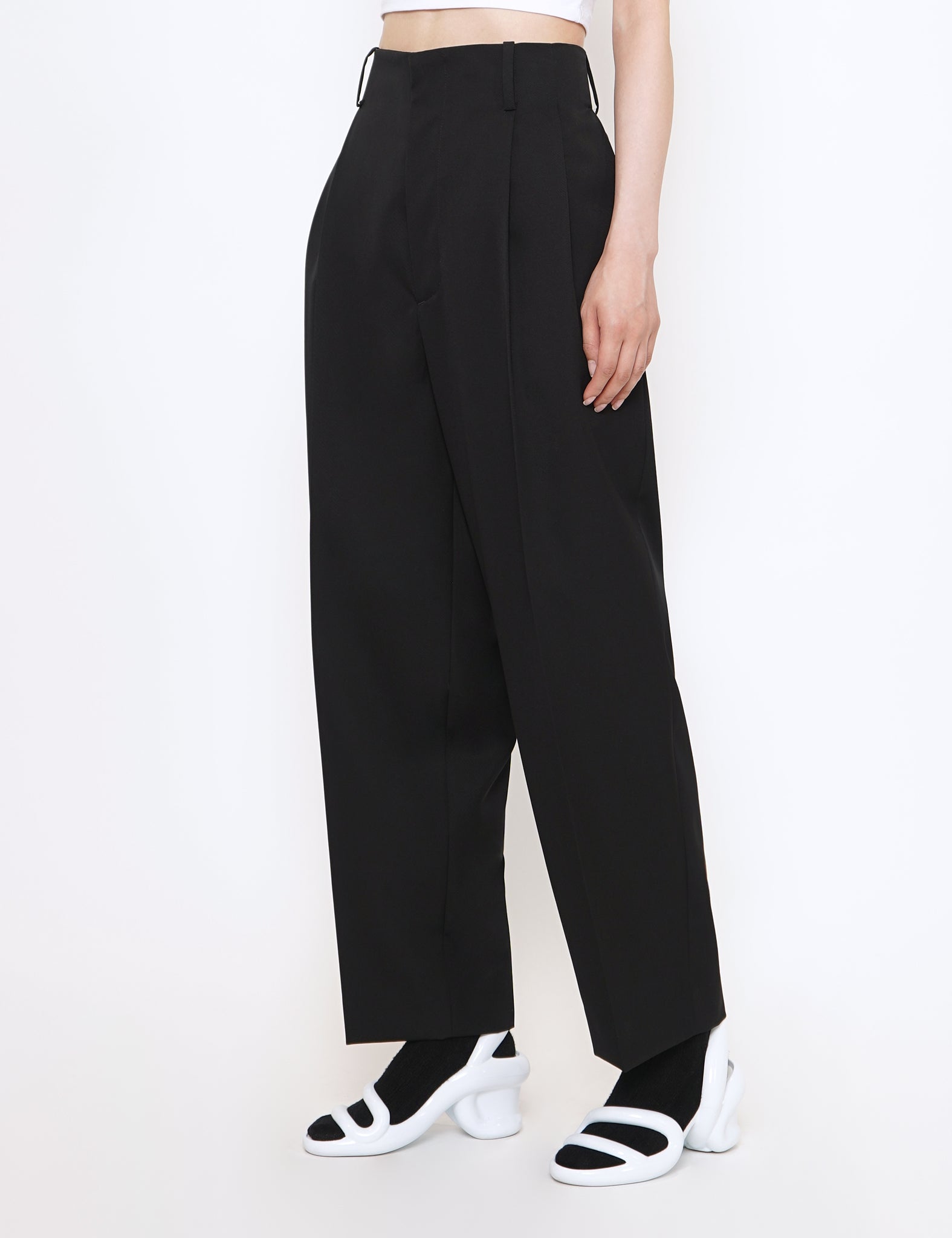 stein BLACK BELTLESS WIDE TROUSERS