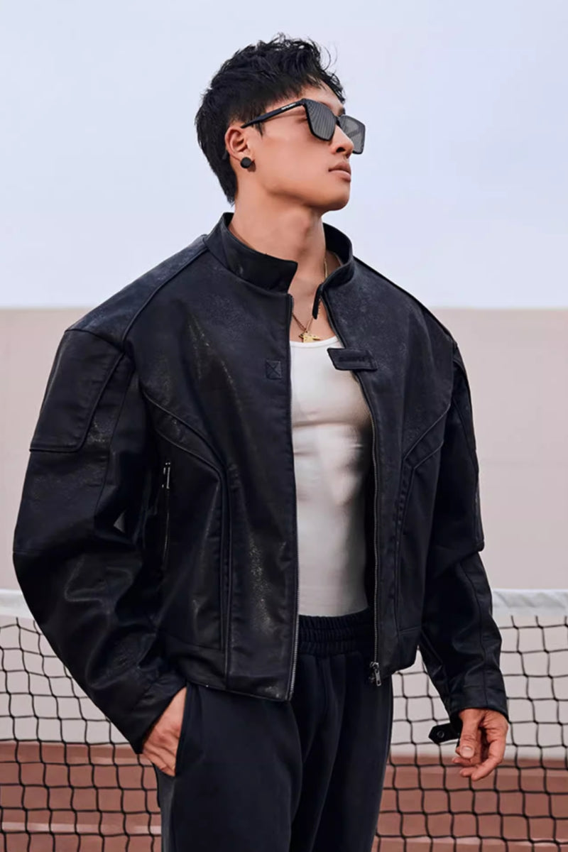 Collarless zipper faux leather jacket #BF039 – Hisoka
