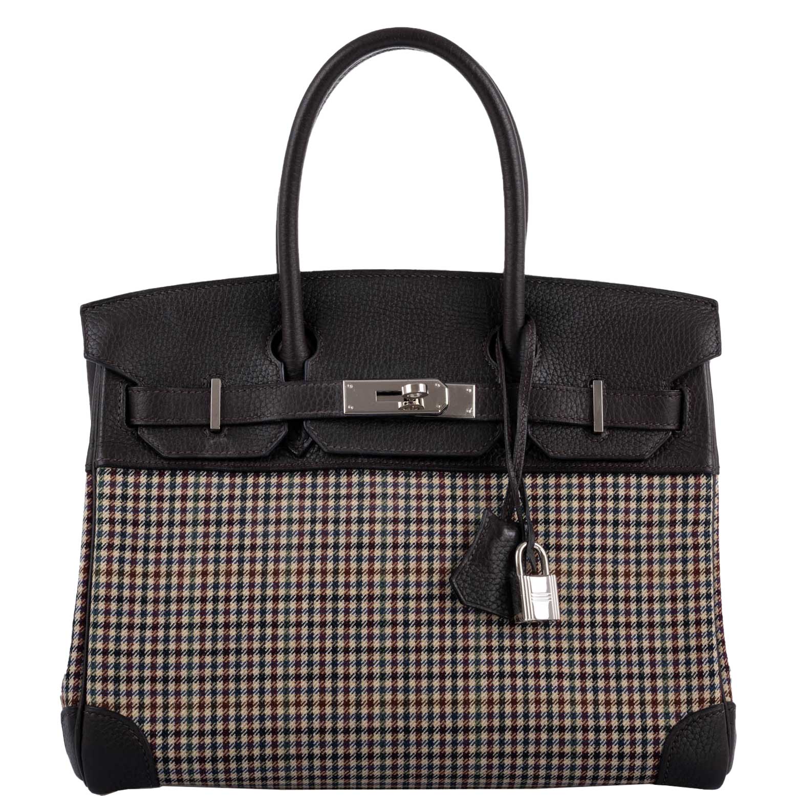 Hermès Lainage Birkin 30 Houndstooth Plaid Wool and Ebene Togo