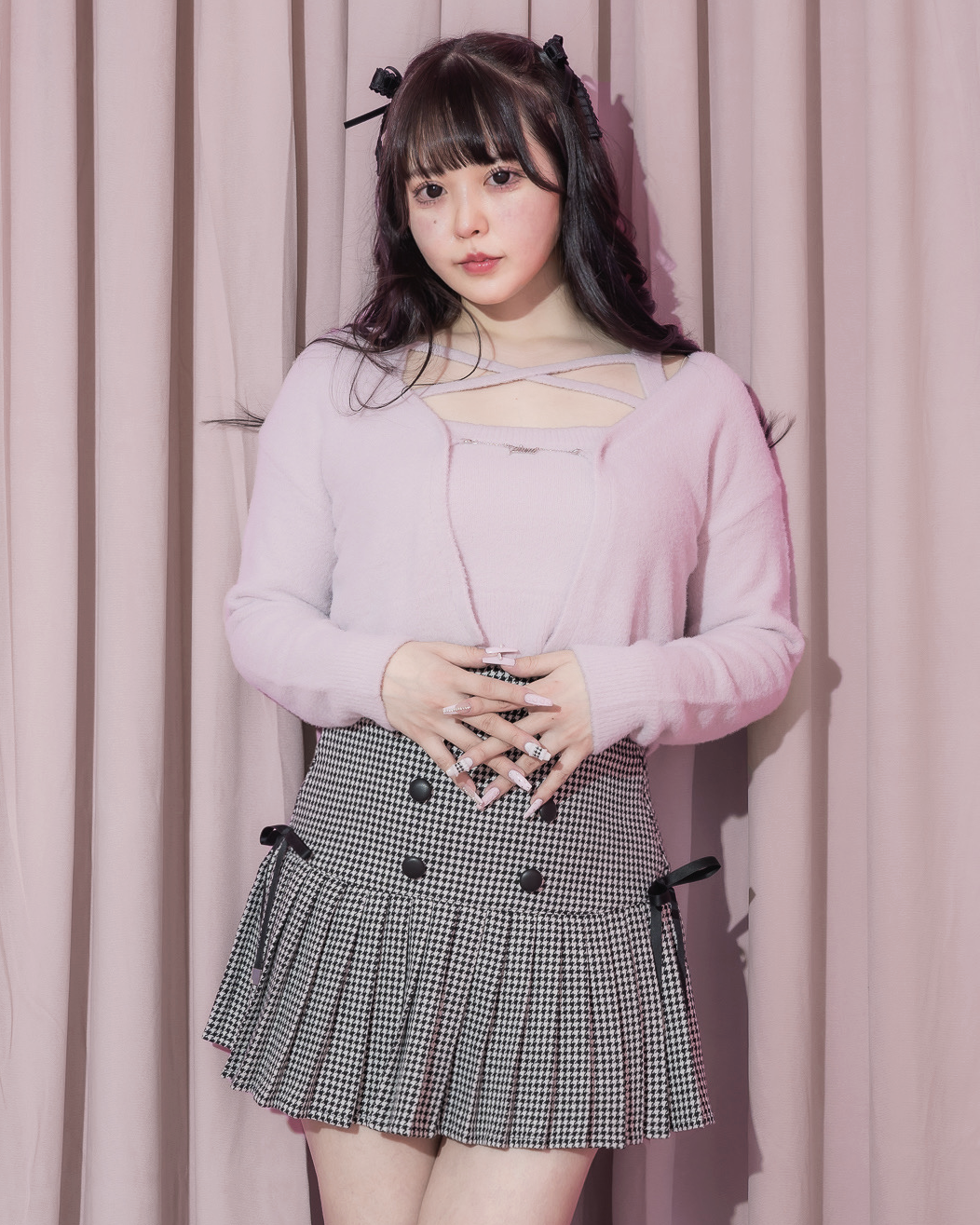 サイドリボン千鳥柄プリーツスカート – pium