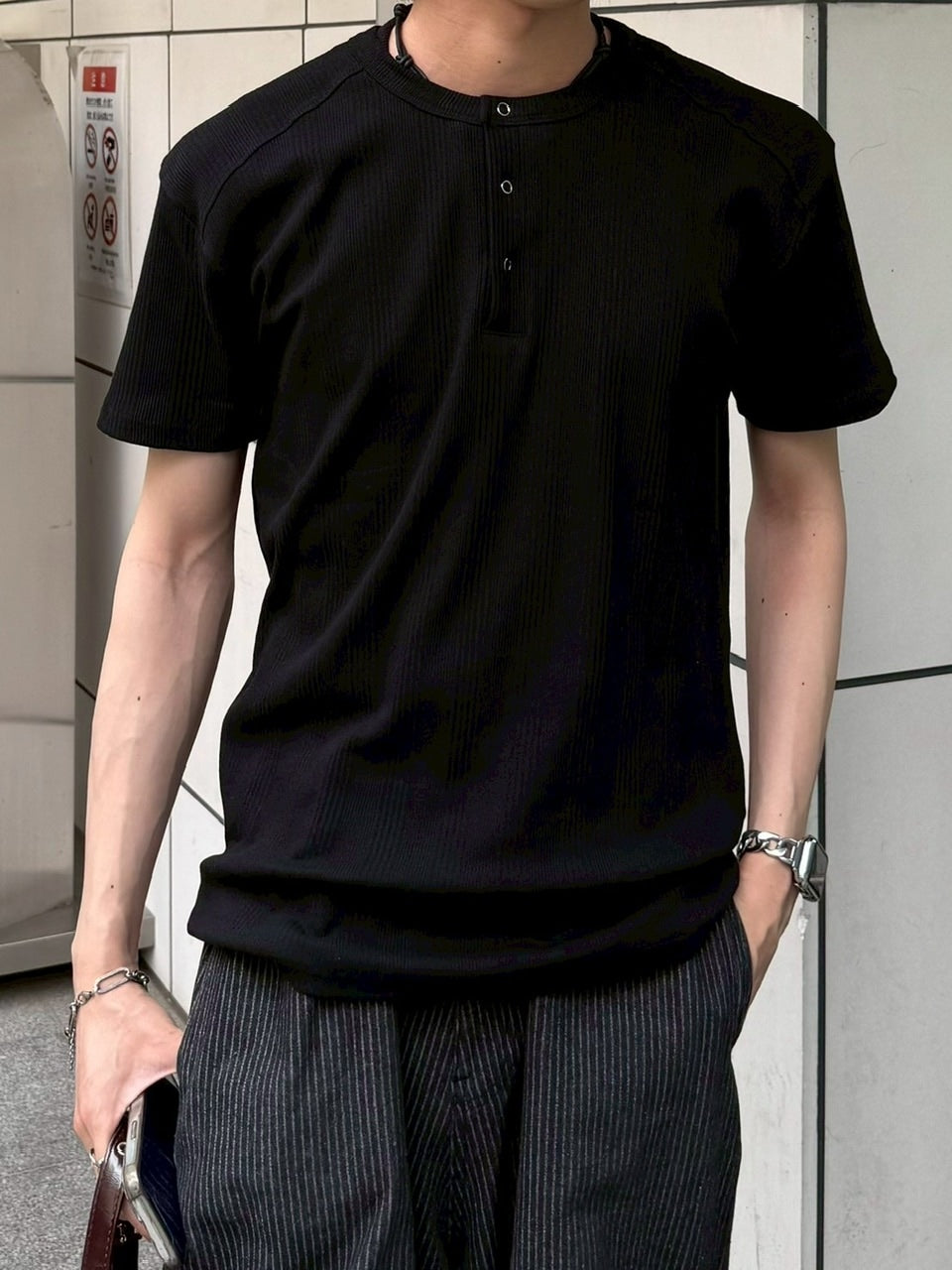 Chikashitsu +】henry neck half sleeve tee (3color
