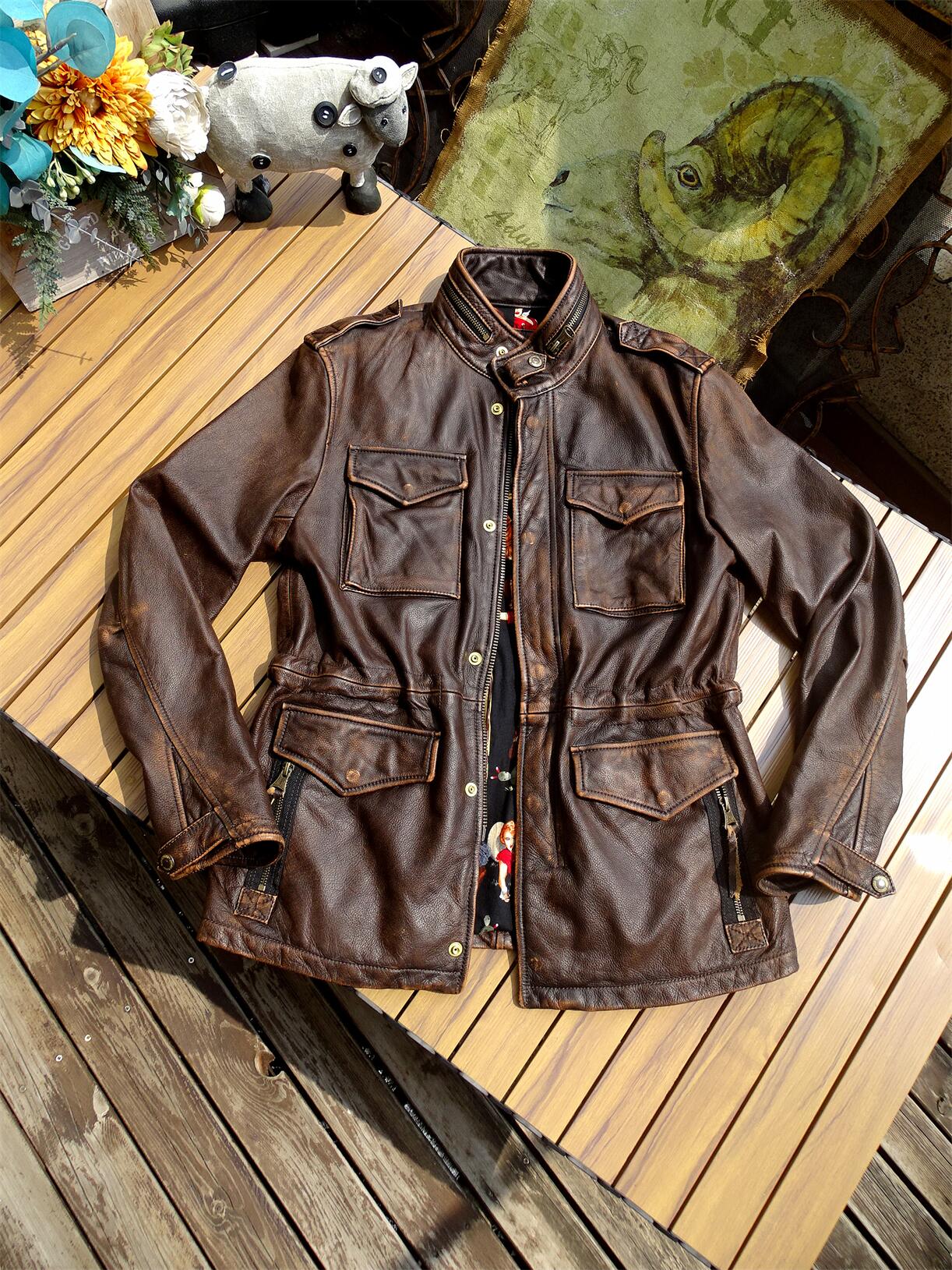 △ビンテージ復刻 ウォッシュ加工 茶芯カウレザー M-65 ジャケット▽S