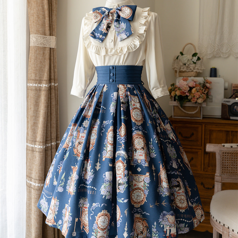 Western clock corset skirt and high neck ribbon blouse (Navy
