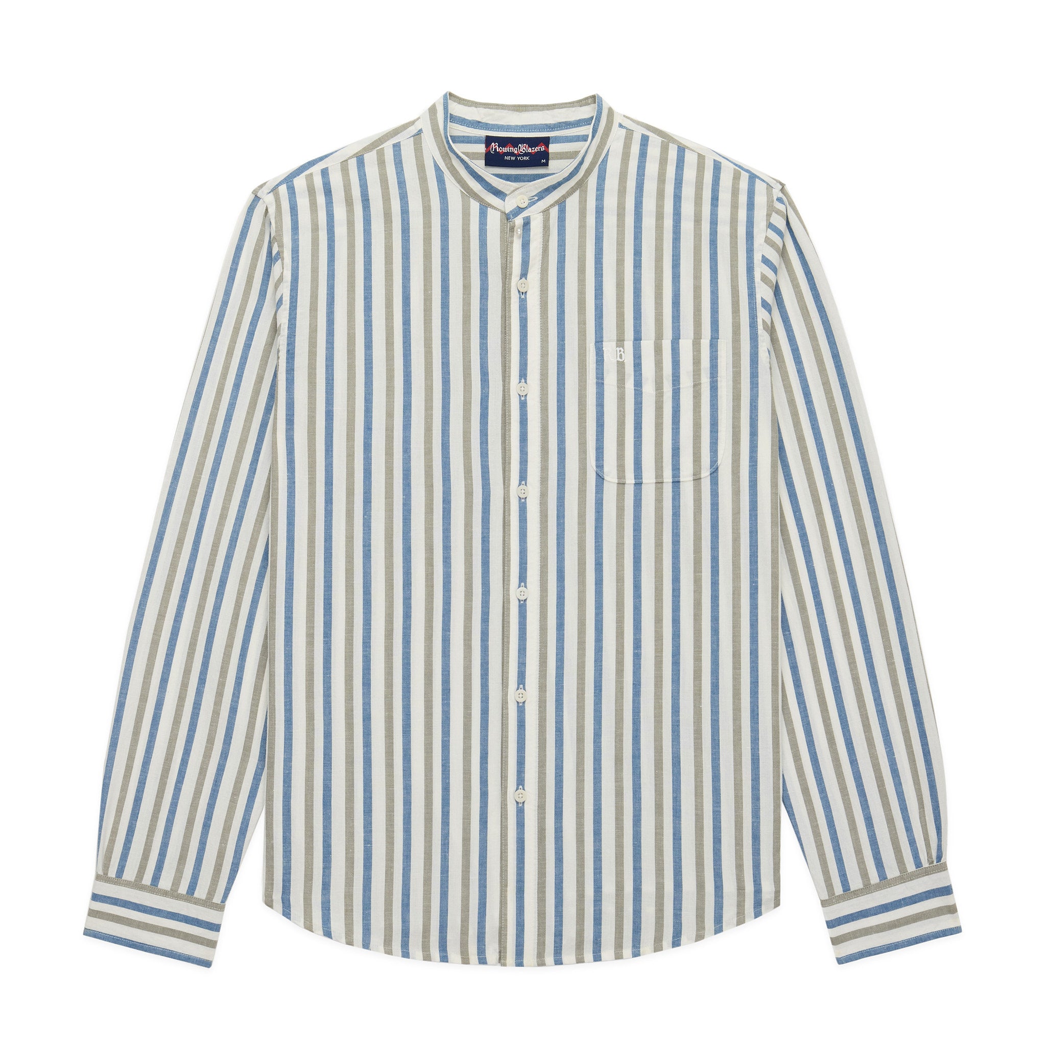 Men's Casual Linen Band Collar Shirt Blue Stripe – Rowing Blazers