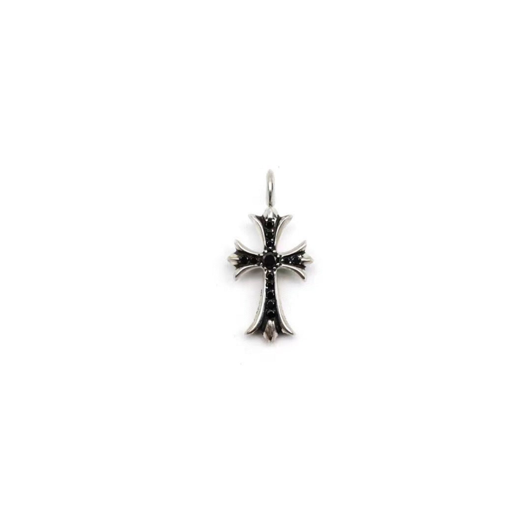 Chrome Hearts 925 Silver Black Diamonds Tiny Cross Pendant
