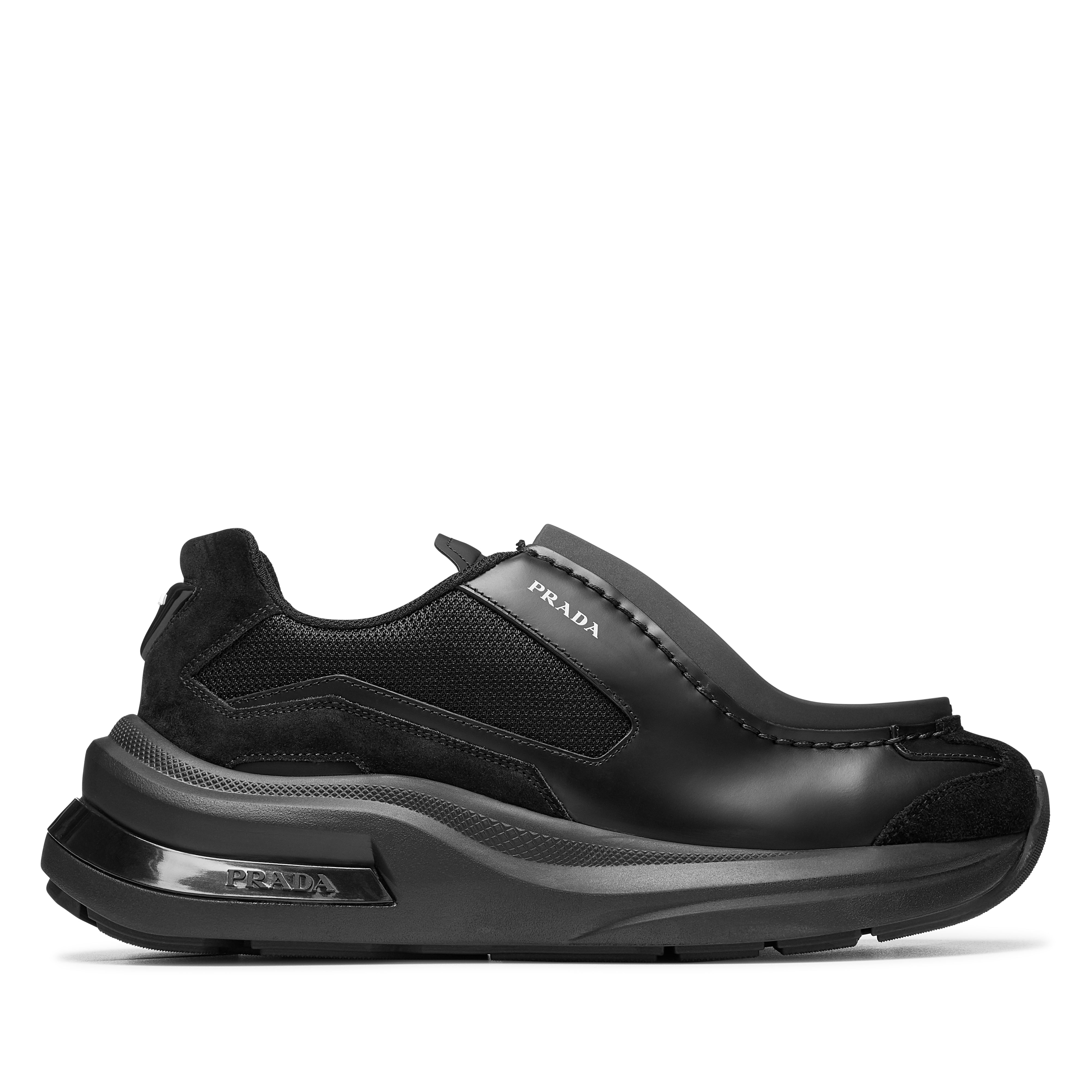 Prada: Men's Systeme Brushed Leather Sneakers (Nero) | DSMNY E-SHOP