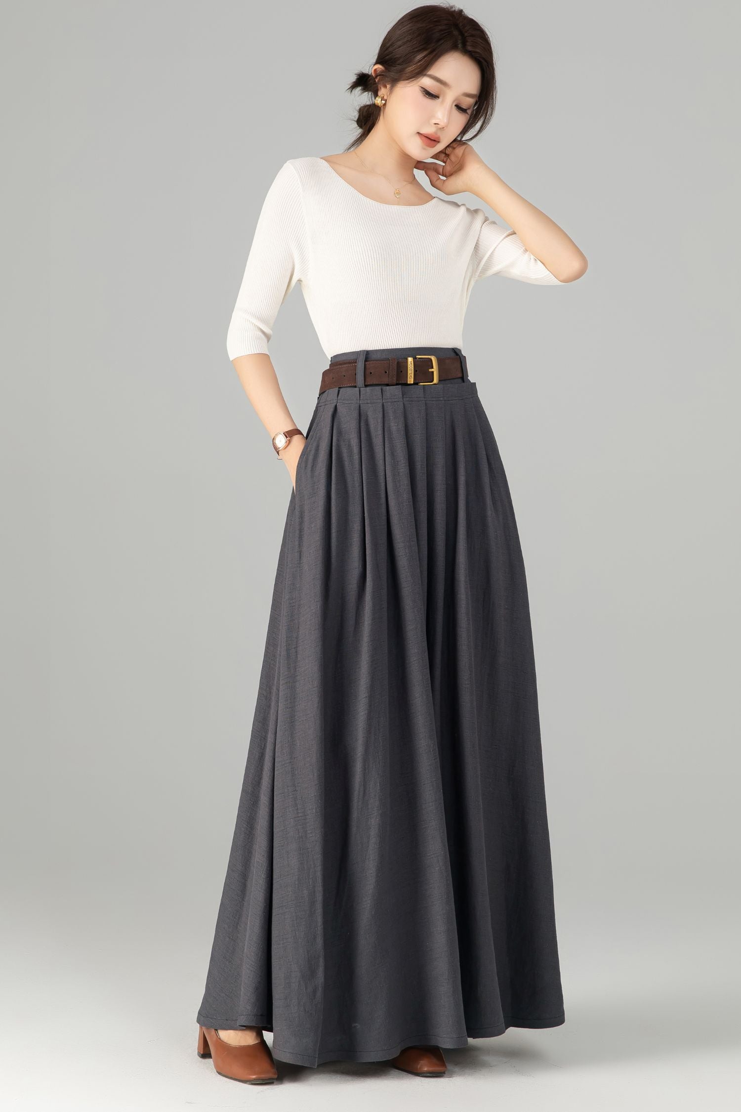 Dark gray maxi linen skirt women 5701 – Xiaolizi