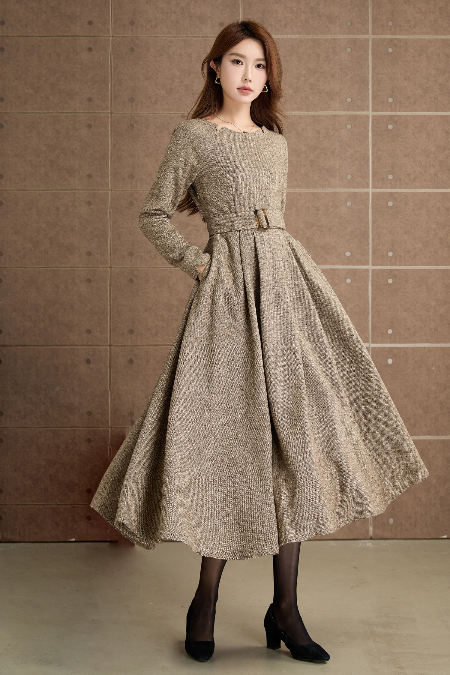 Camel Wool Dress – Vintage Long Sleeve Midi with Belt | Xiaolizi