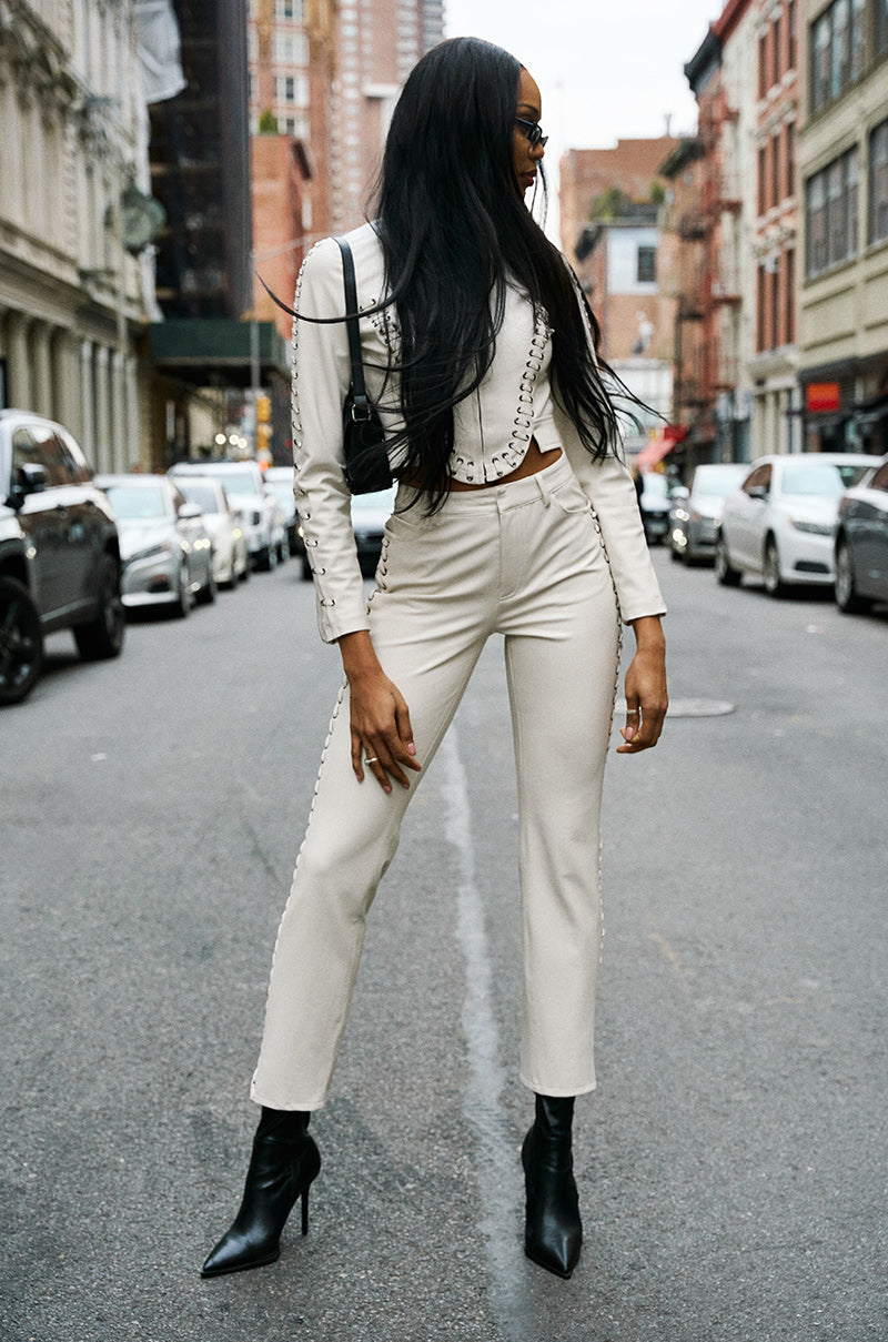 UNBELIEVABLE LACE UP FAUX LEATHER FLARED PANT – AKIRA