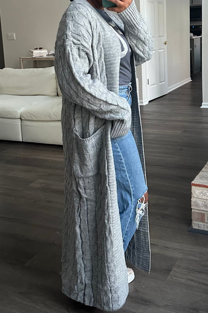 Eaphi】CABLE KNIT CARDIGAN grey Heather Grey Long Cable Knit