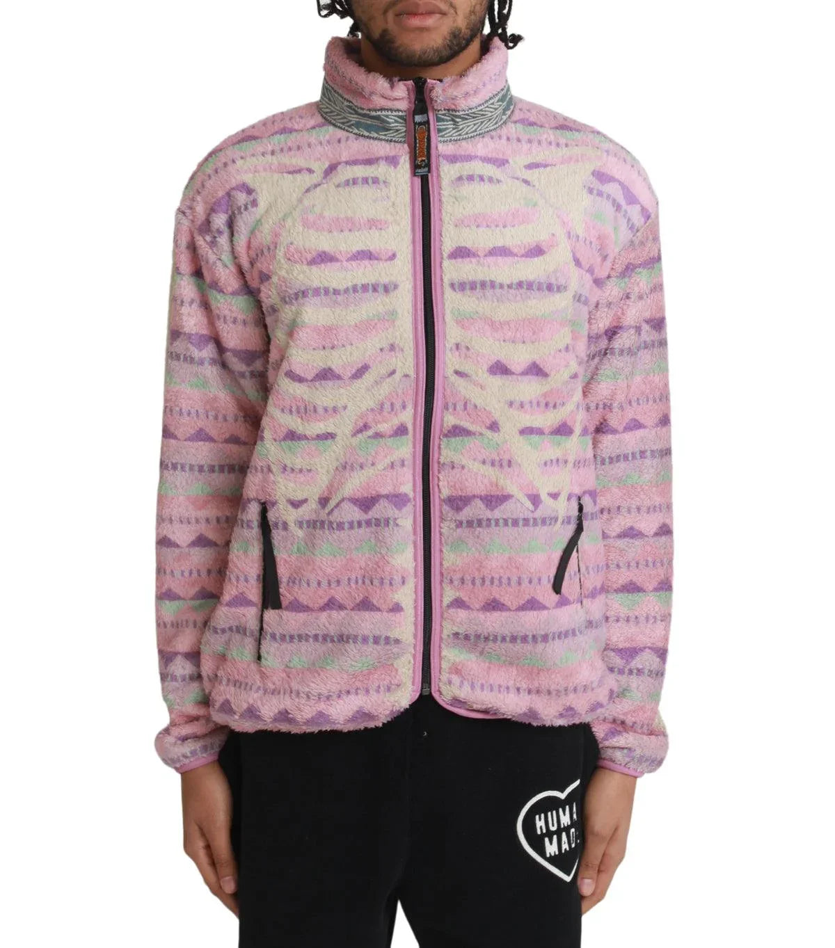 Kapital Ashland Stripe & Bone Fleece Zip Blouson Pink | SOMEWHERE®