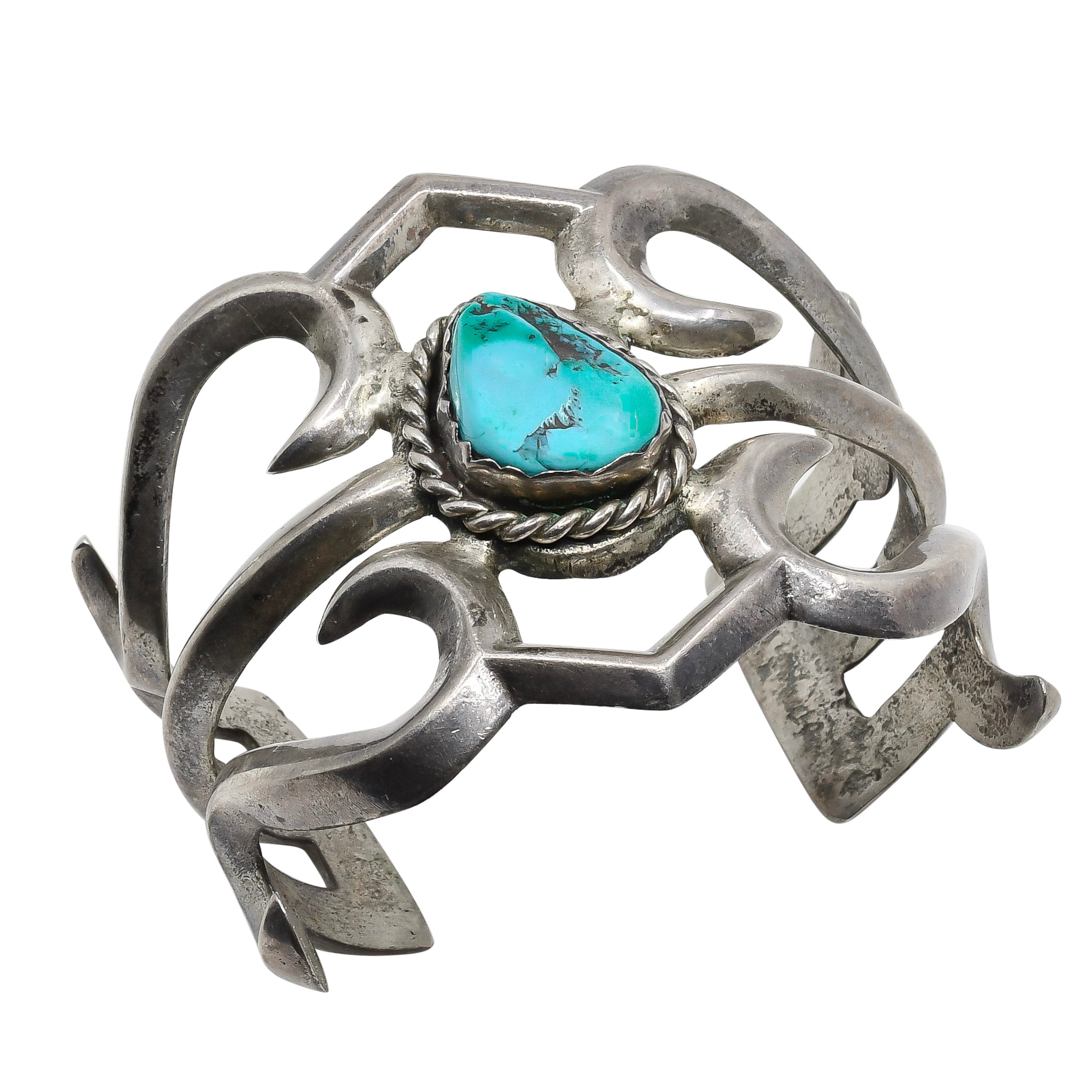 Vintage Navajo Silver Sand Cast Bracelet With Turquoise Stone
