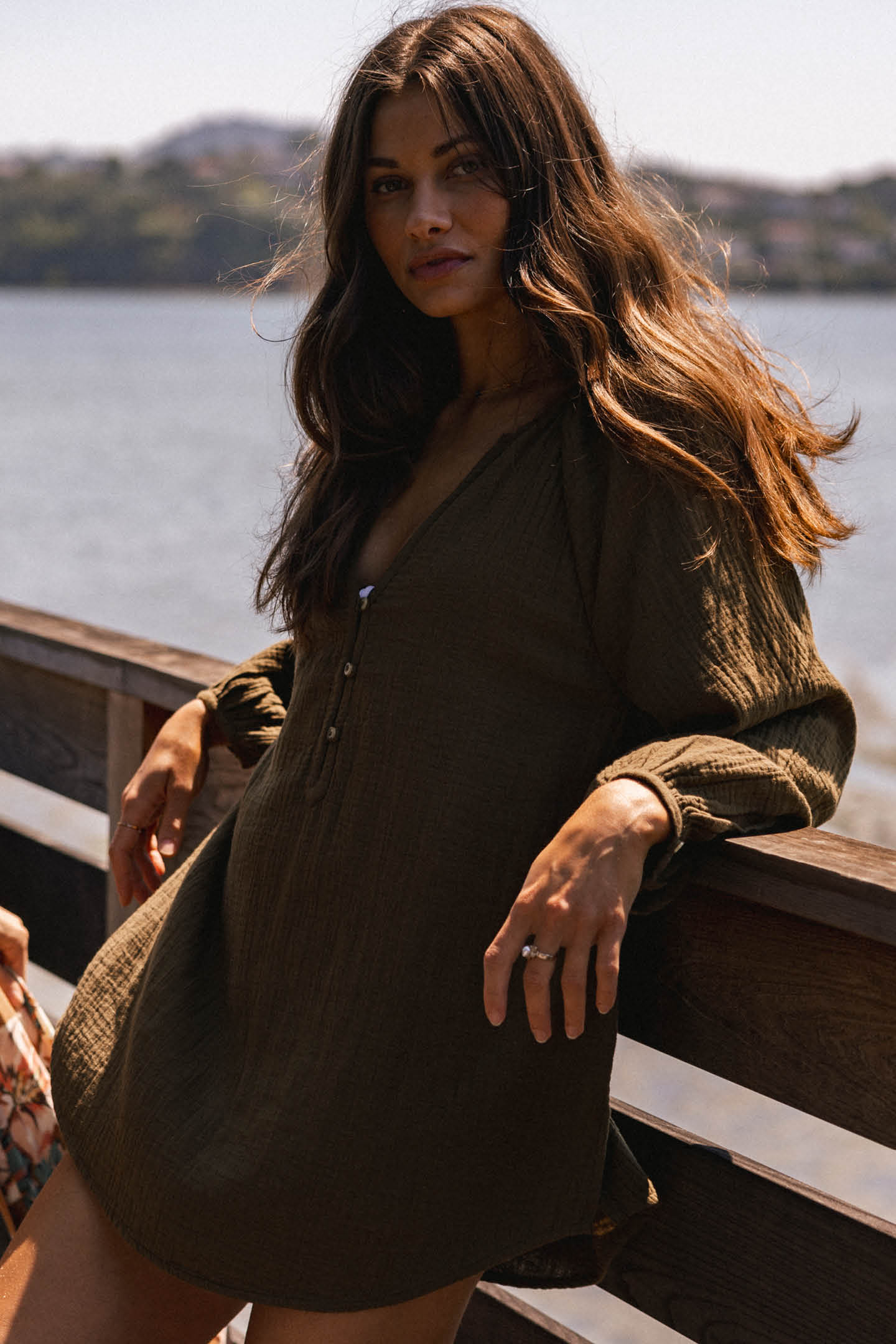 Krysten Crinkle Double Gauze Tunic Swim Cover-Up - Military Olive
