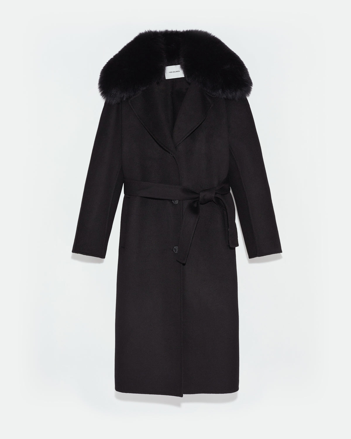 Belted coat in cashmere with fox fur collar - black - Yves Salomon