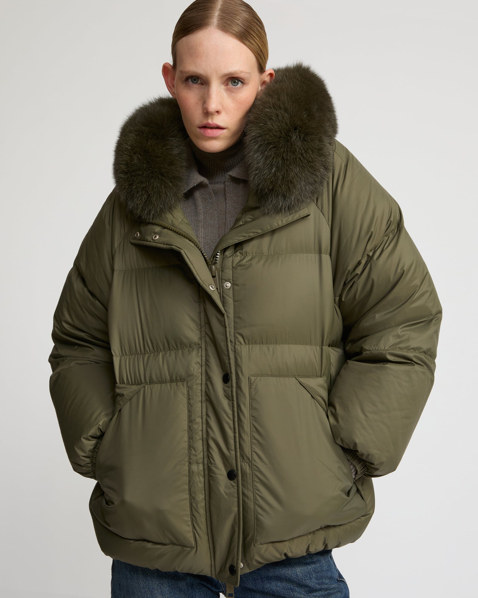 Short down jacket with fox fur trim - khaki - Winter sale – Yves