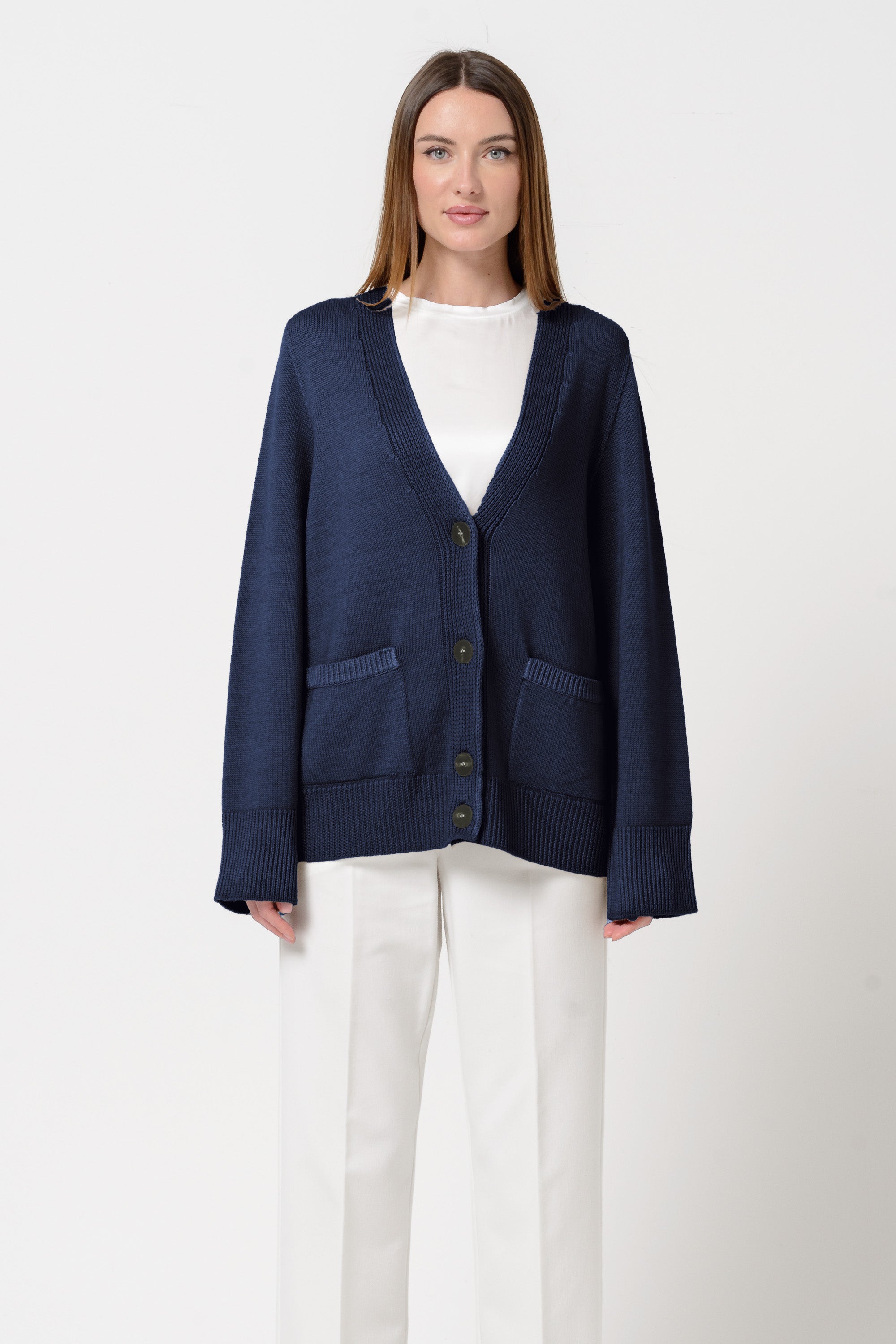 Belford Cardi - Merino Wool Crop Cardi in Navy | Ploumanac'h