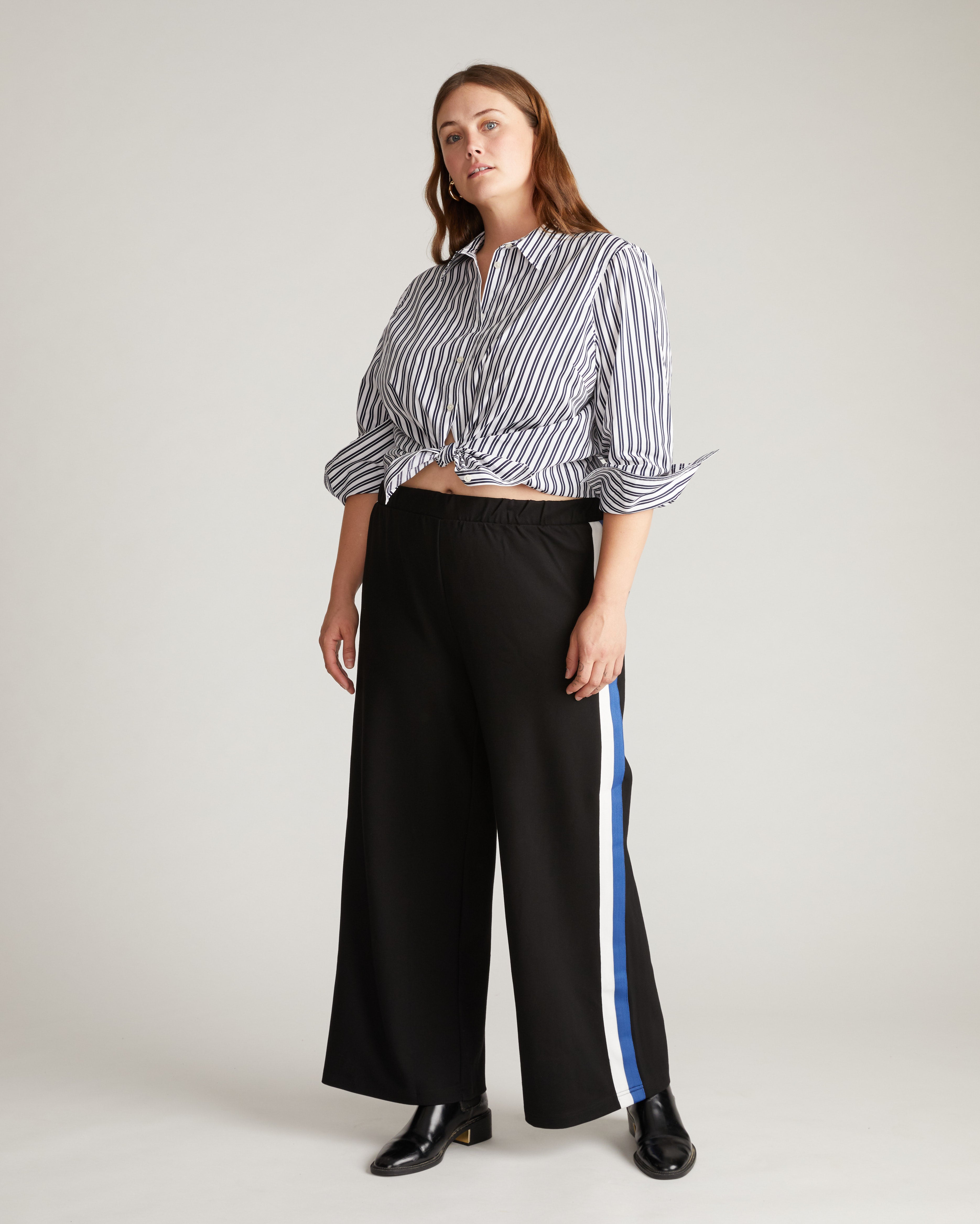 Stephanie Wide Leg Stripe Ponte Pants 30 Inch - Black with Blue