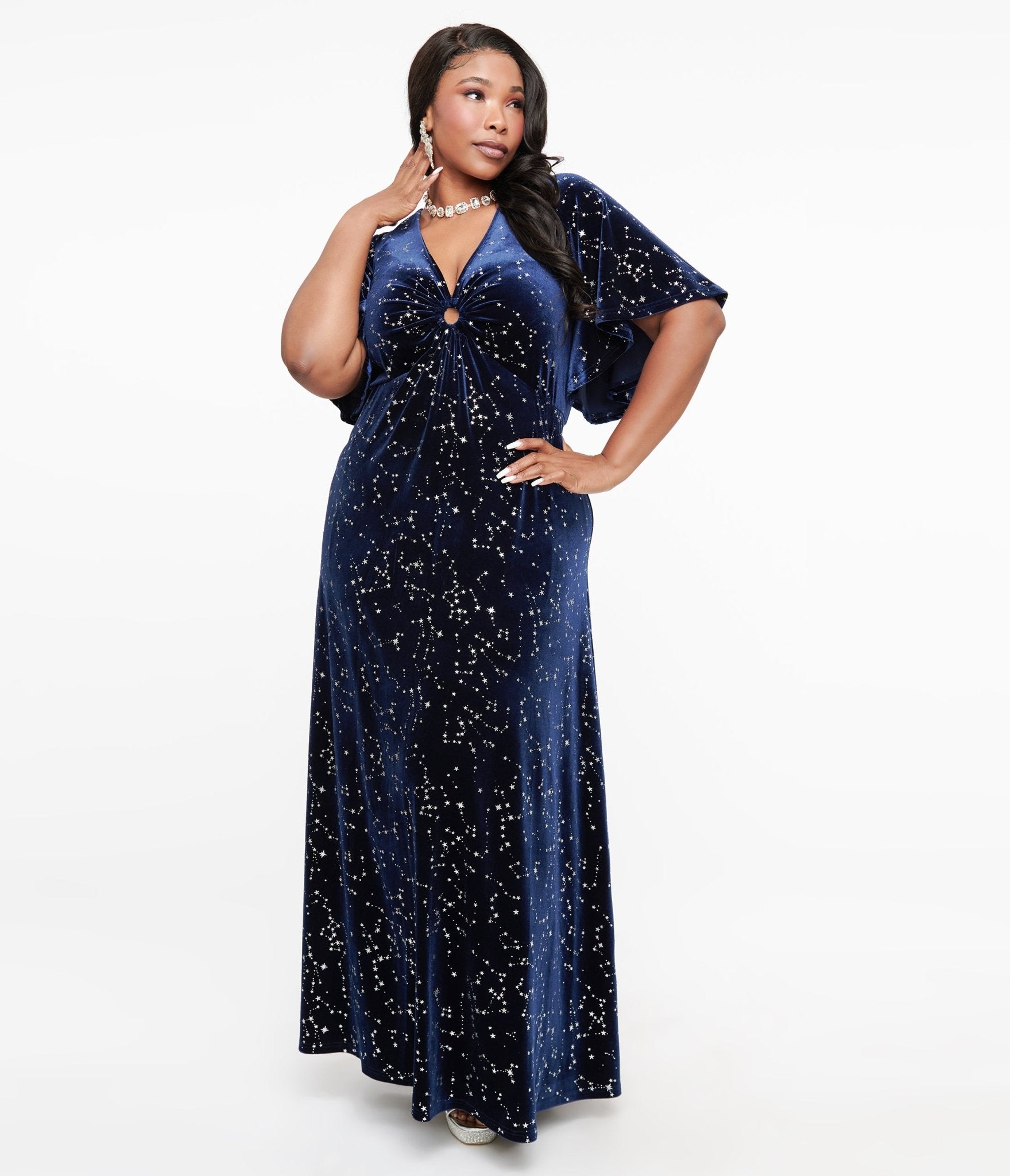 Smak Parlour Plus Size 1970s Blue Velvet Silver Stars Maxi Dress