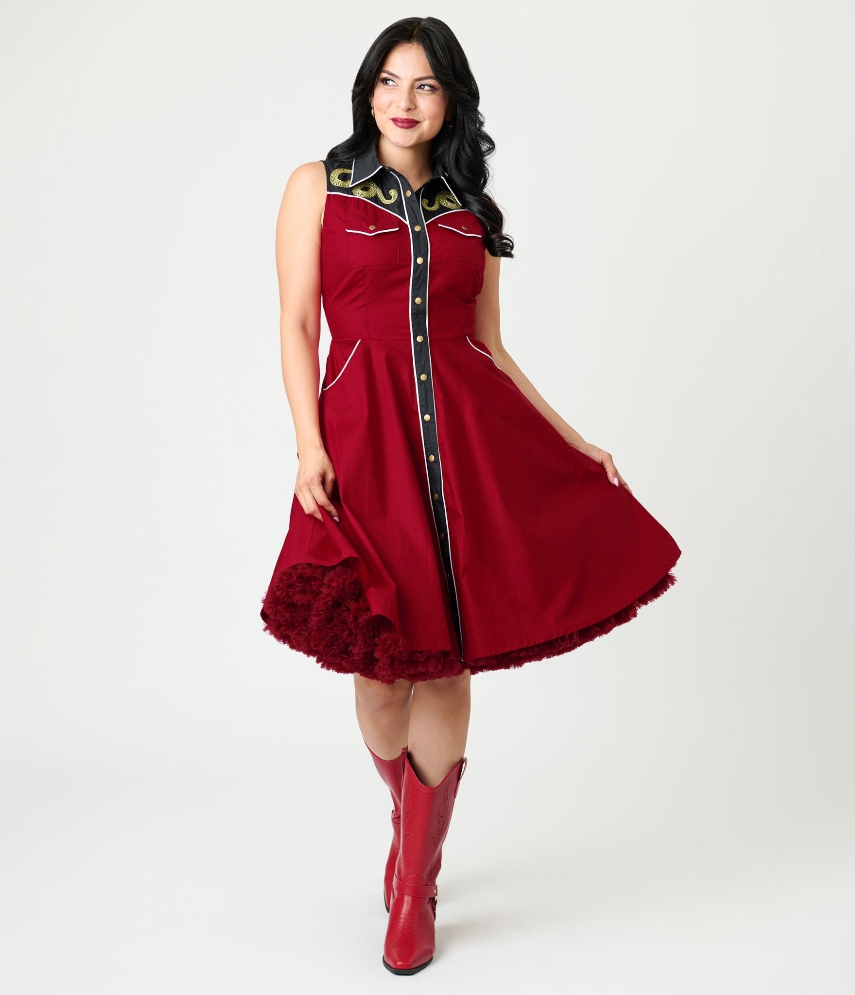 Unique Vintage Burgundy & Gold Snake Embroidery Western Cotton Flare D