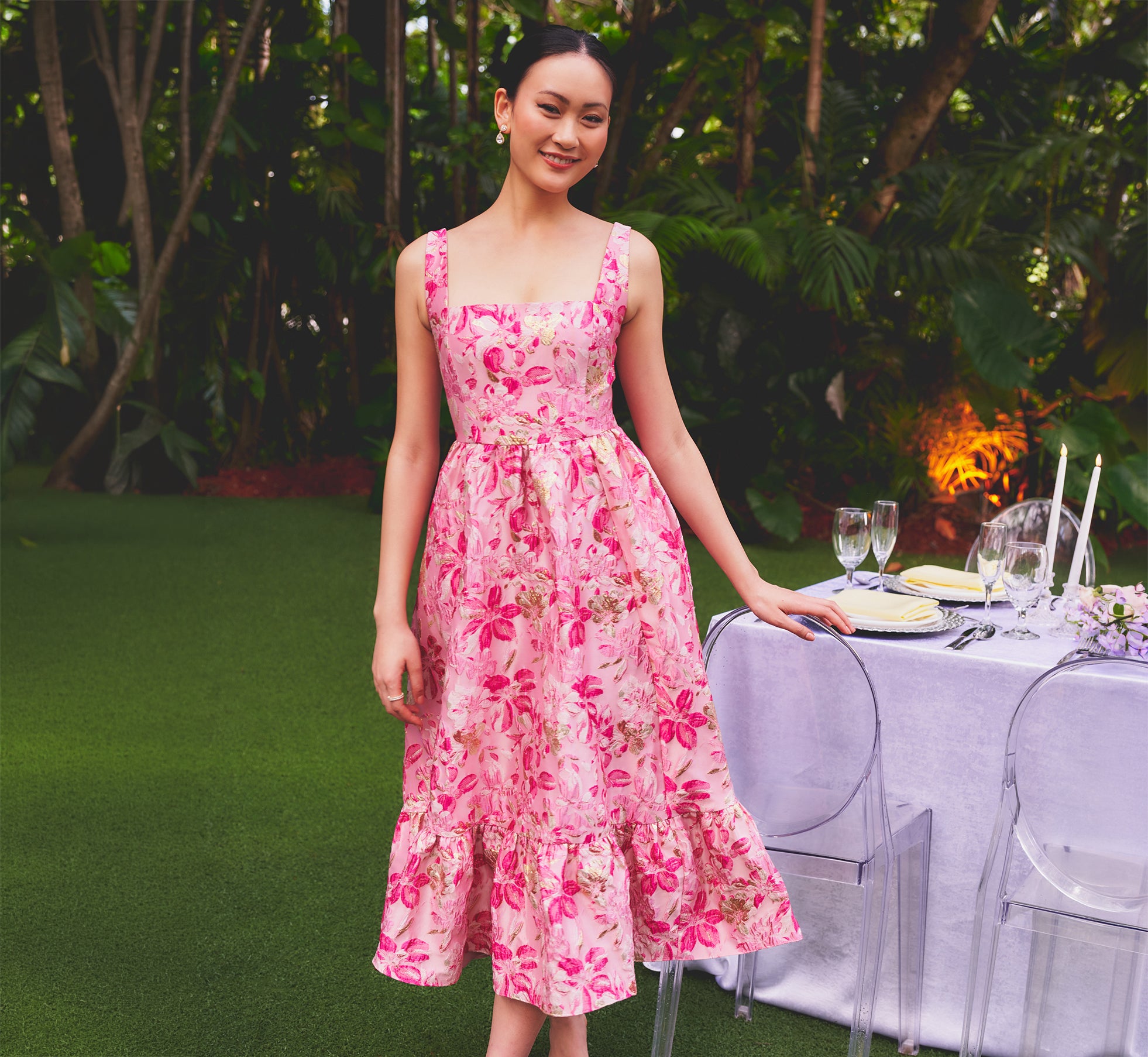 Metallic Floral Jacquard Ruffle Midi Dress In Pink Multi