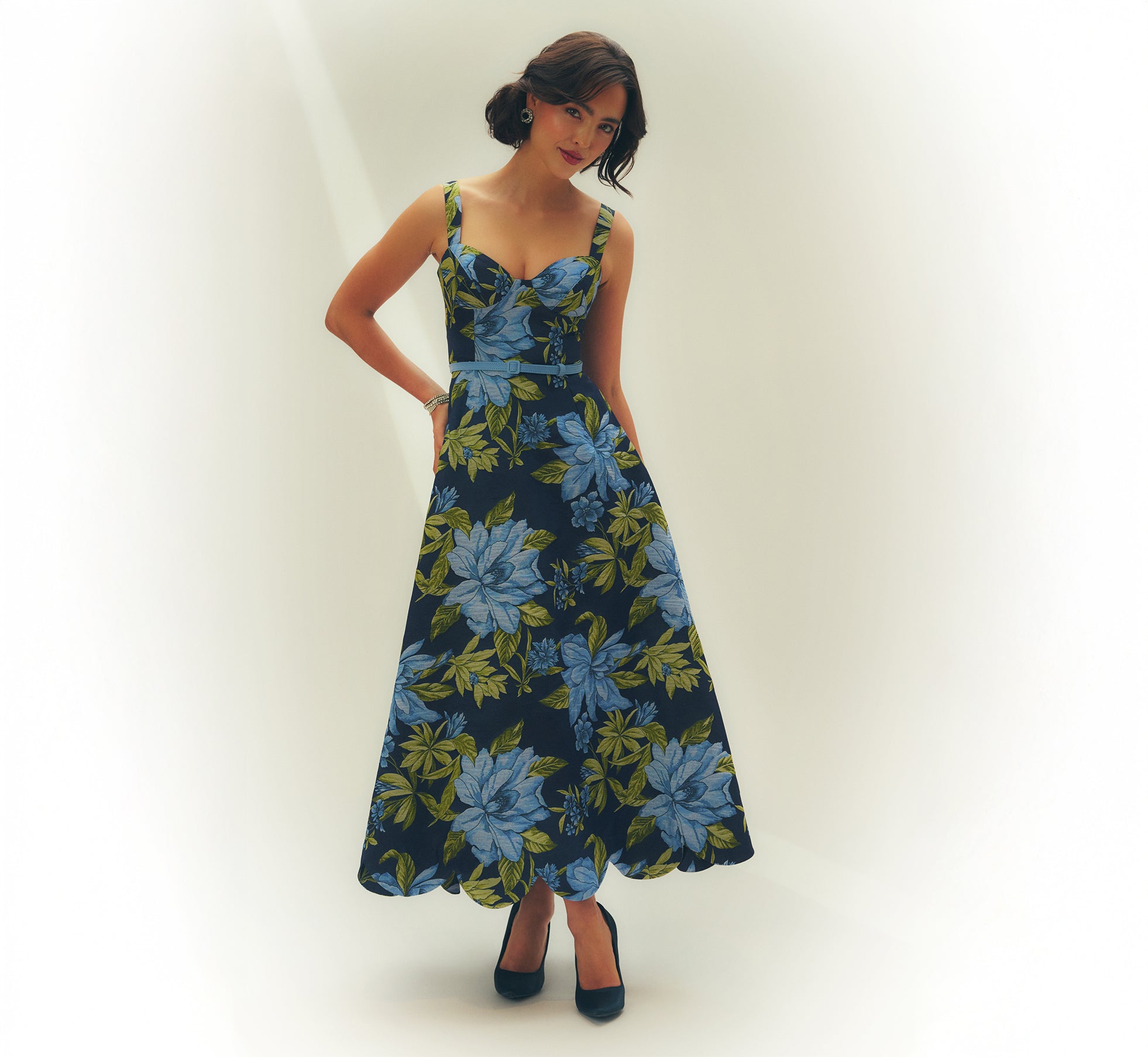 Floral Jacquard Sweetheart Scalloped Ankle Dress In Blue Multi