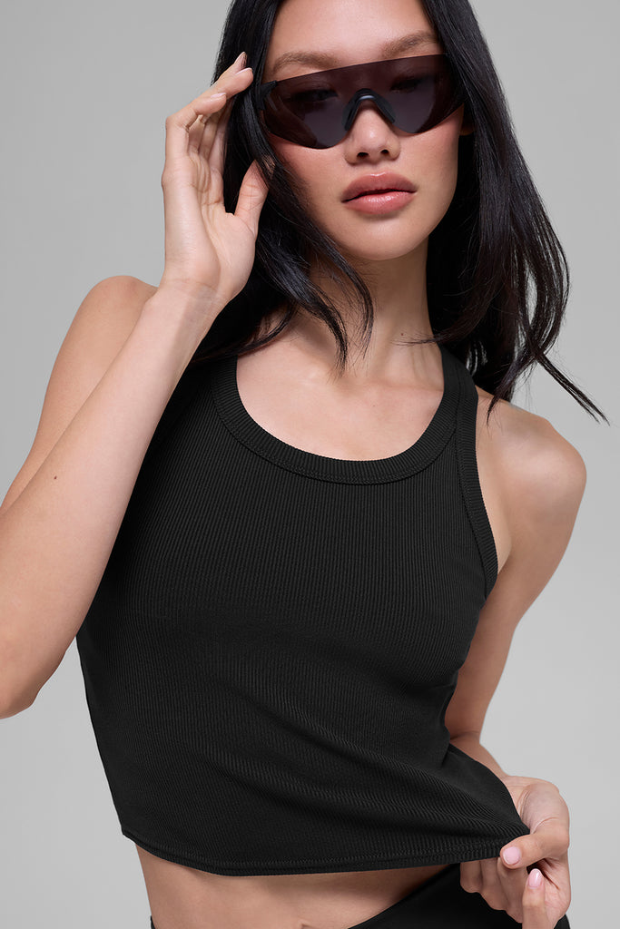 Goddess Ribbed Go-To Tank - Black | ALO