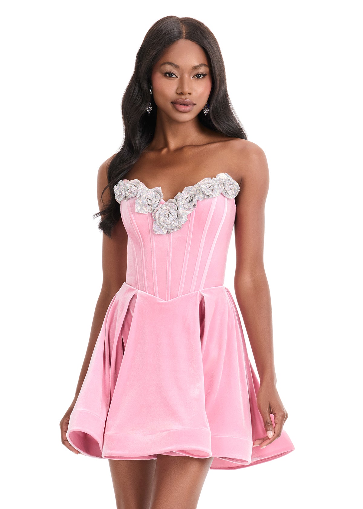 ASHLEYlauren 4871 – Velvet Corset Mini Dress with Floral Appliqué