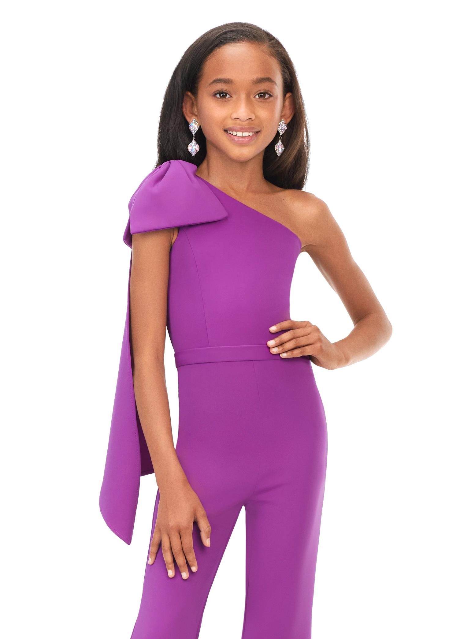 ASHLEYlauren 8155 Kids One Shoulder Bow Jumpsuit