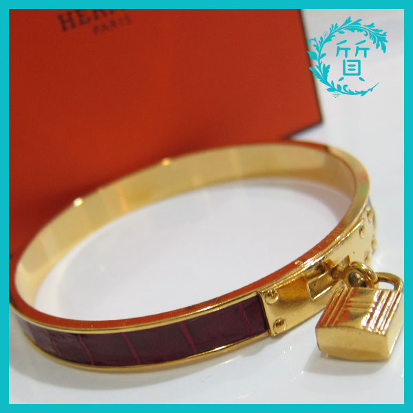 エルメス HERMES クロコ ケリーバングル ゴールド ワインレッド 赤
