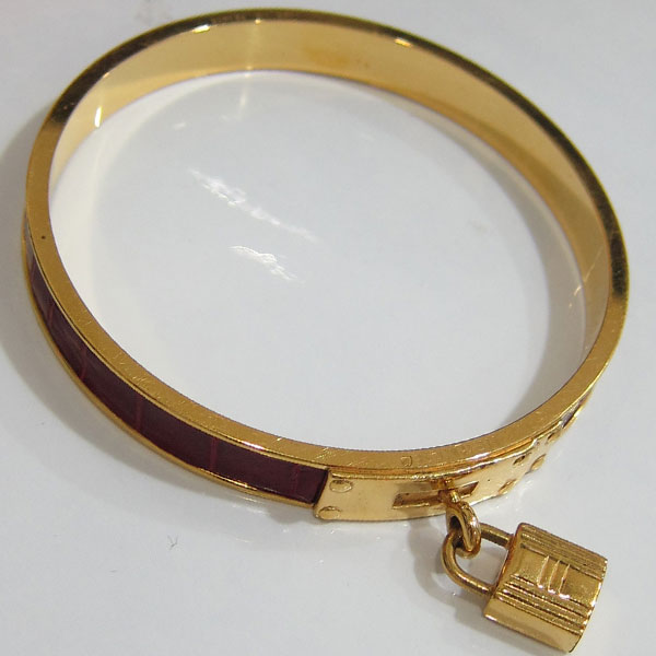エルメス HERMES クロコ ケリーバングル ゴールド ワインレッド 赤
