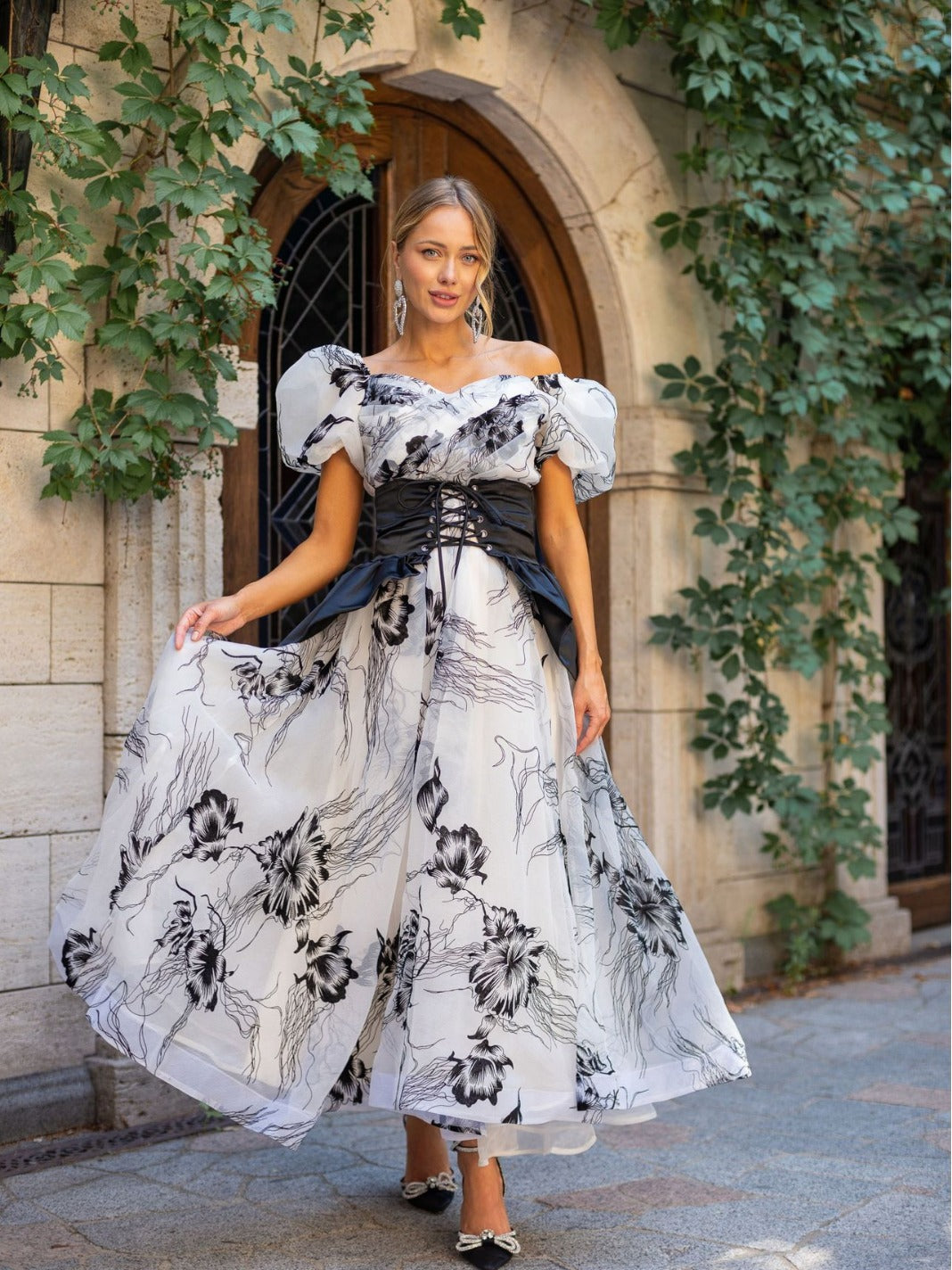 Retro Puffy Sleeve Sweetheart Floral Organza Two-piece Bridesmaid Dres