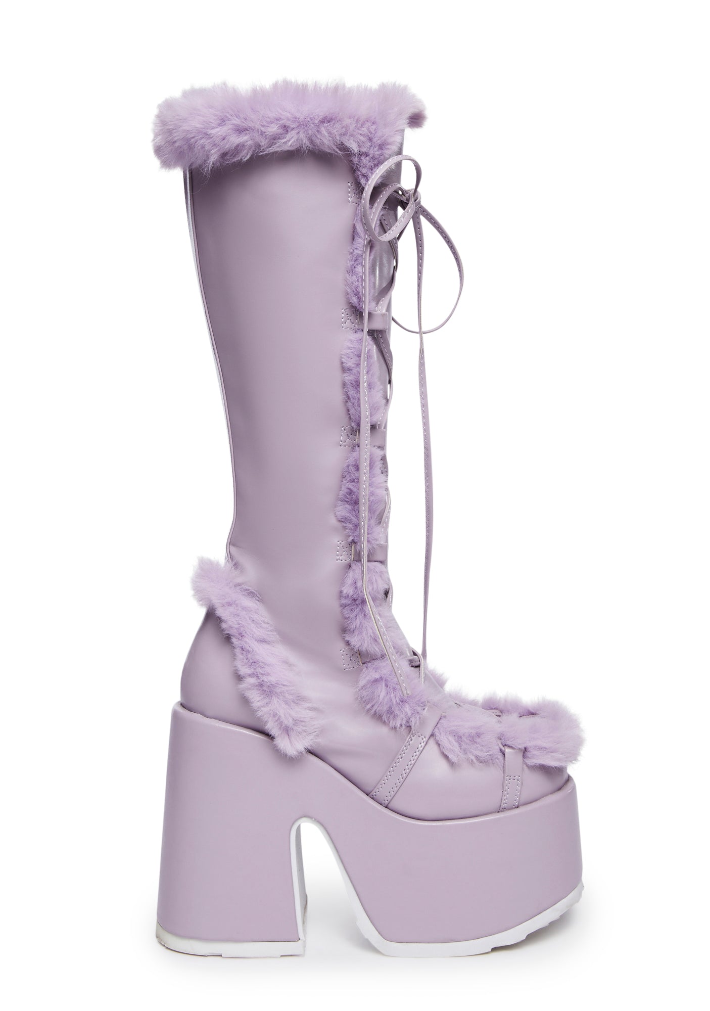 Demonia x Dolls Kill Camel-311 Faux Fur Knee High Platform Boots