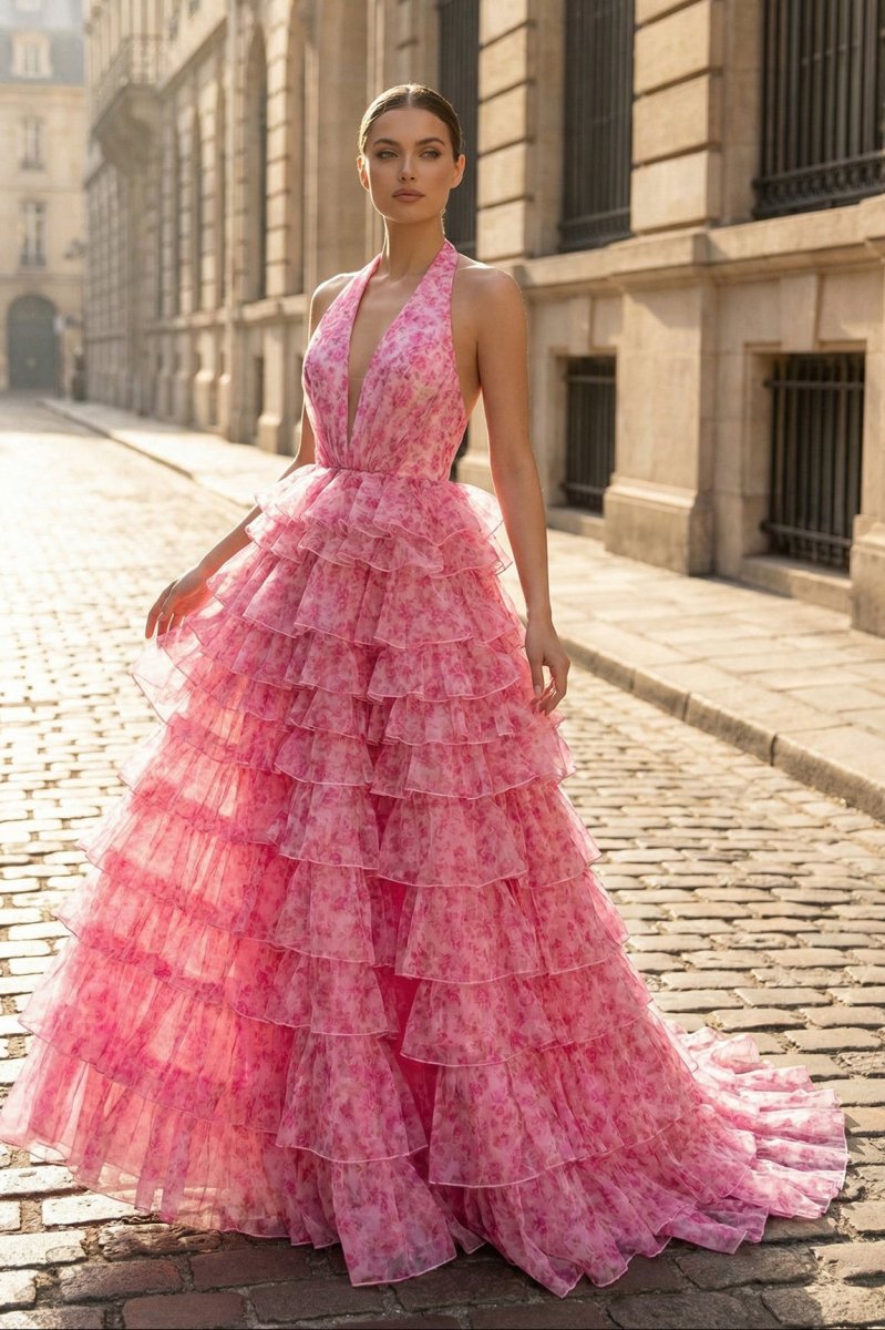 Pink Halter Tulle Printed Ruffle Tiered A Line Prom Dresses