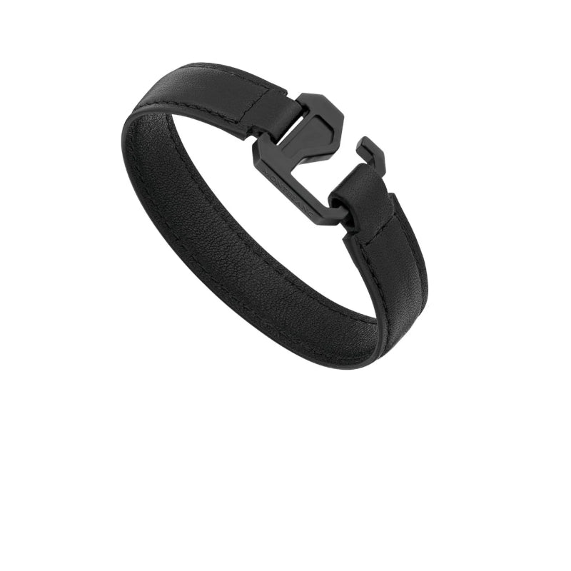 Men's black leather bracelet with black PVD clasp