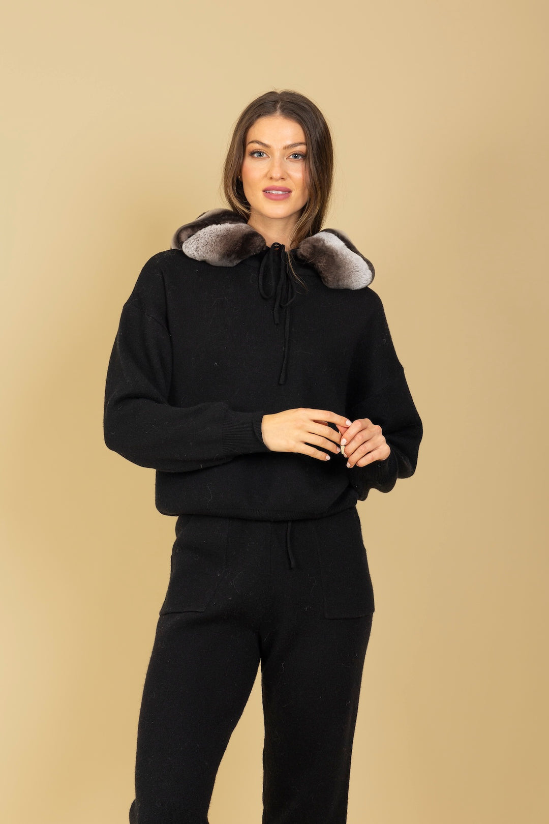 Jessie Liu Hooded Sweater with Detachable Genuine Fur Trim in