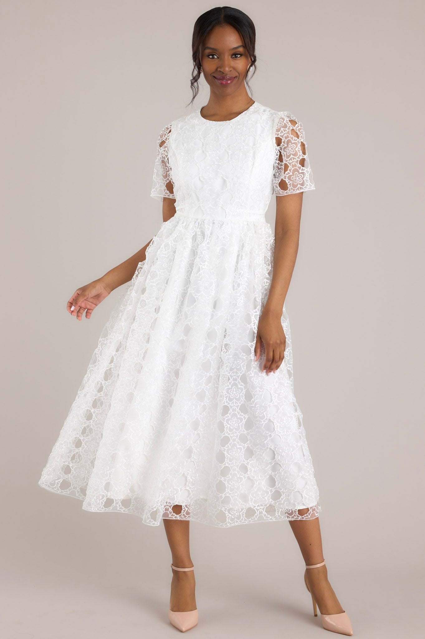 White Floral Embroidered Midi Dress - All Dresses | Red Dress