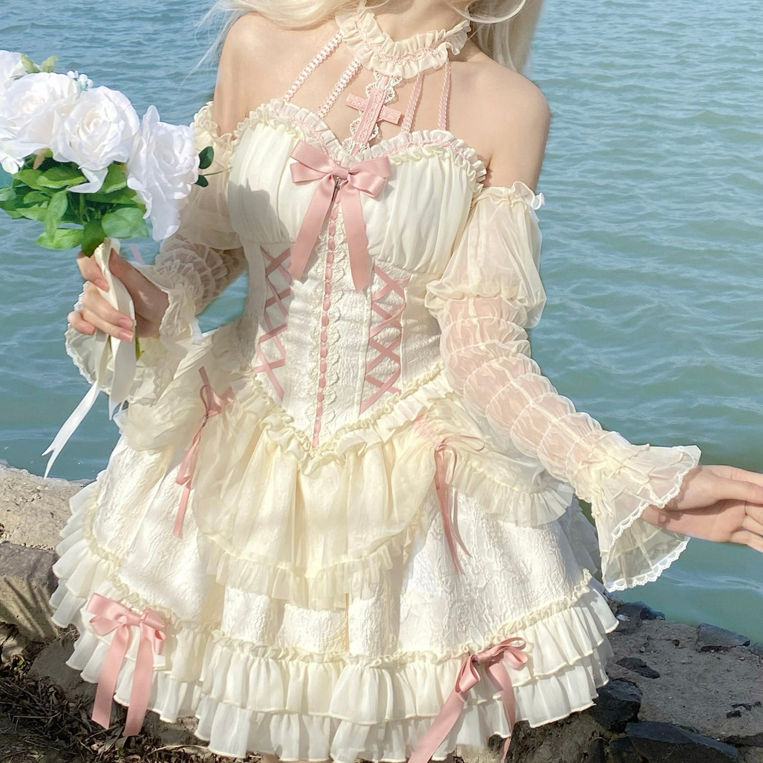 White Pink Sweet Fairycore Princess Halter Neck Suspender Corset